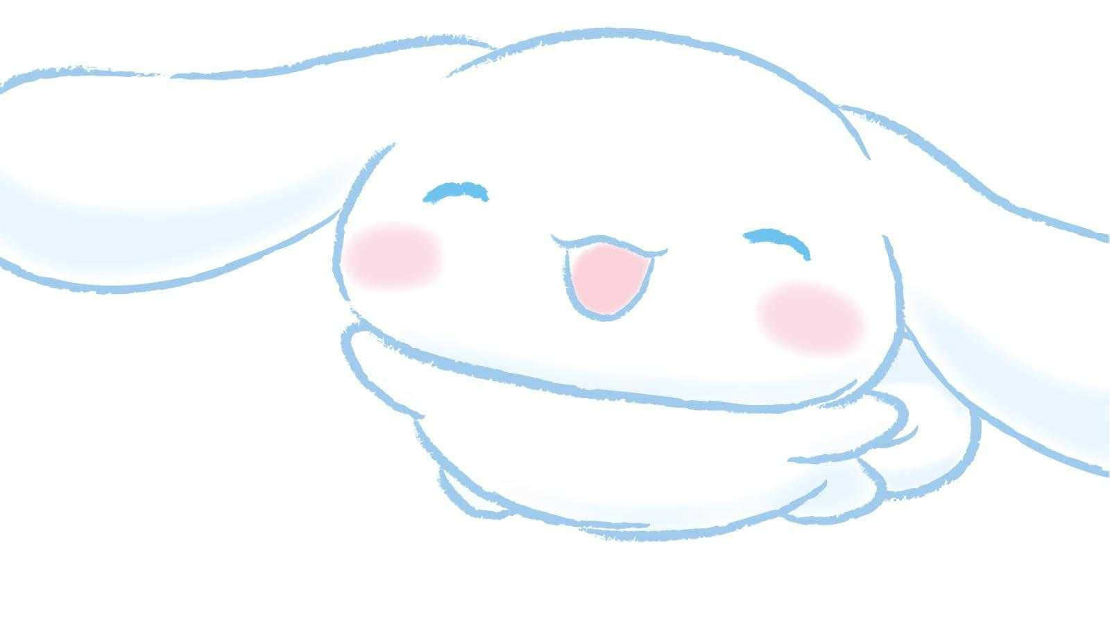 Cinnamoroll Laptop 桌布 壁紙 — 一隻可愛的白色長耳兔，粉紅色的臉頰和柔和的藍色輪廓，在純白色背景上開心地微笑。