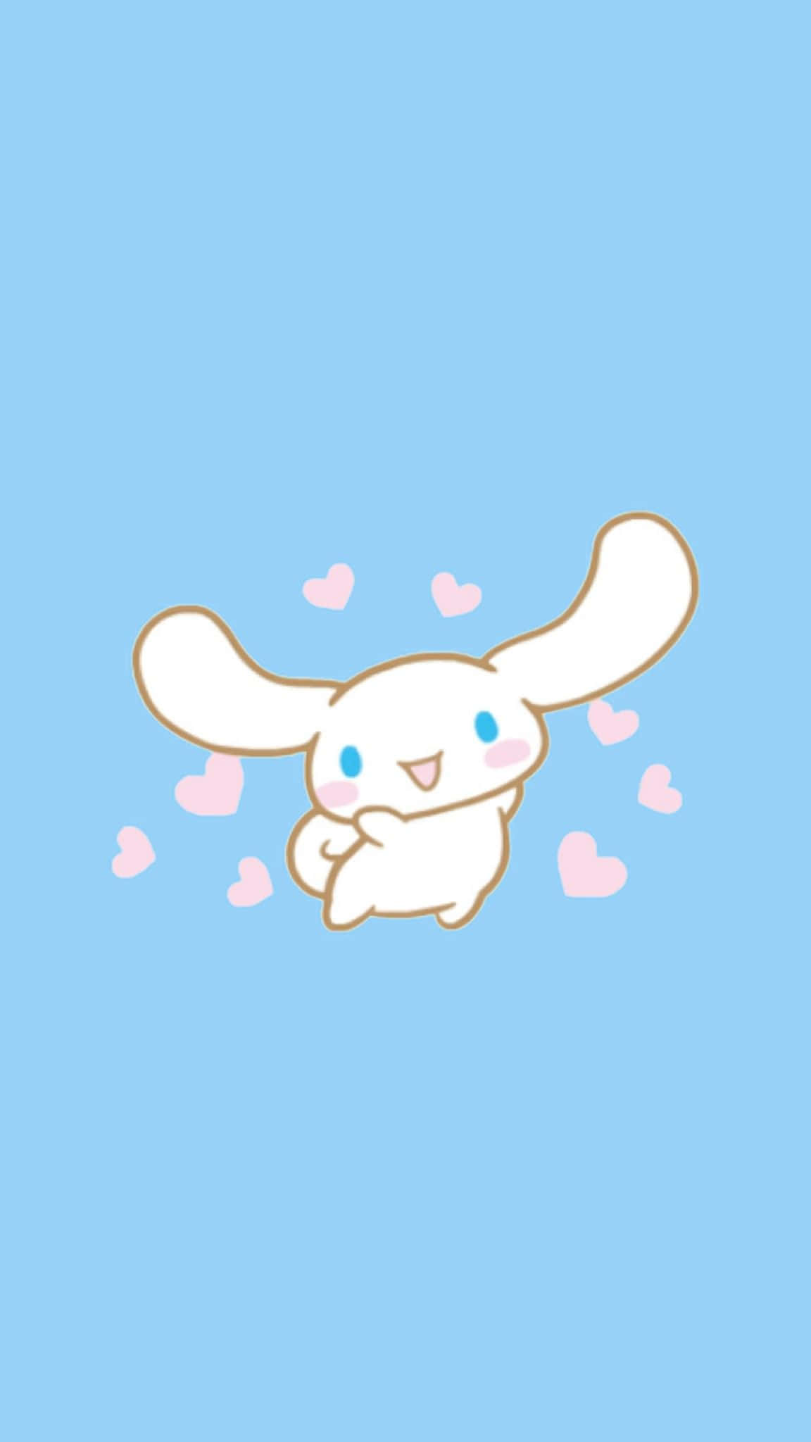 Cinnamoroll Laptop 桌布 壁紙 — 一隻可愛的白色長耳兔在柔和的藍色背景上，被飄浮的粉紅色愛心包圍，快樂地微笑。