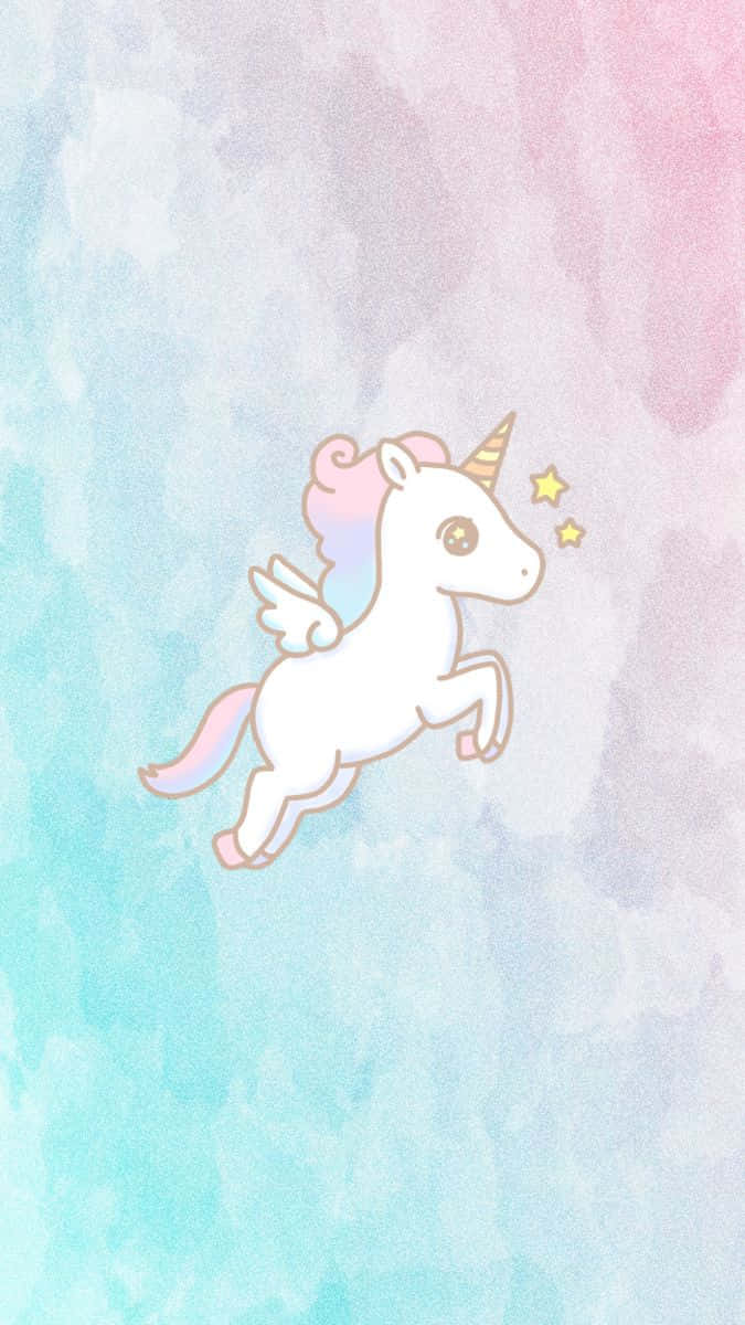 Pastel Unicorn 桌布 壁紙 — 一隻可愛的白色飛天獨角獸，擁有彩虹鬃毛和翅膀，在點綴著小星星的柔和粉彩水彩天空中滑翔。