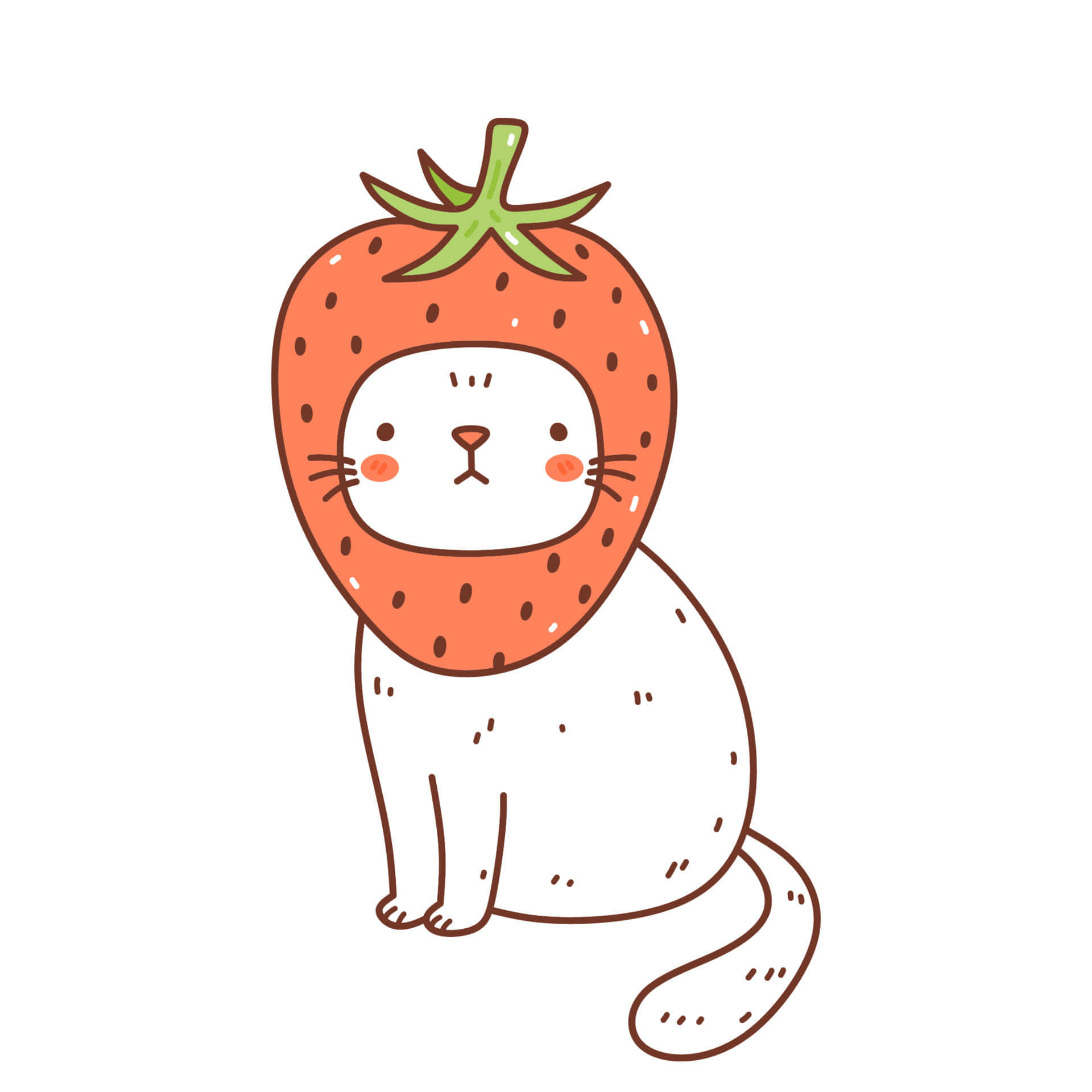 Cute Cat Pattern 桌布 壁紙 — 一隻可愛的白貓，戴著草莓形狀的帽子，有綠色莖和種子。