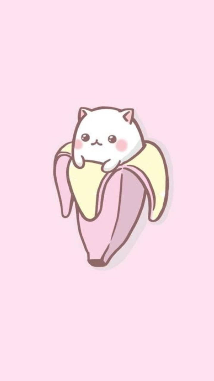 Tumblr iPhone 桌布 壁紙 — 一隻可愛的白貓，臉頰紅潤，從剝開的香蕉中探出頭來，背景是柔和的粉紅色。