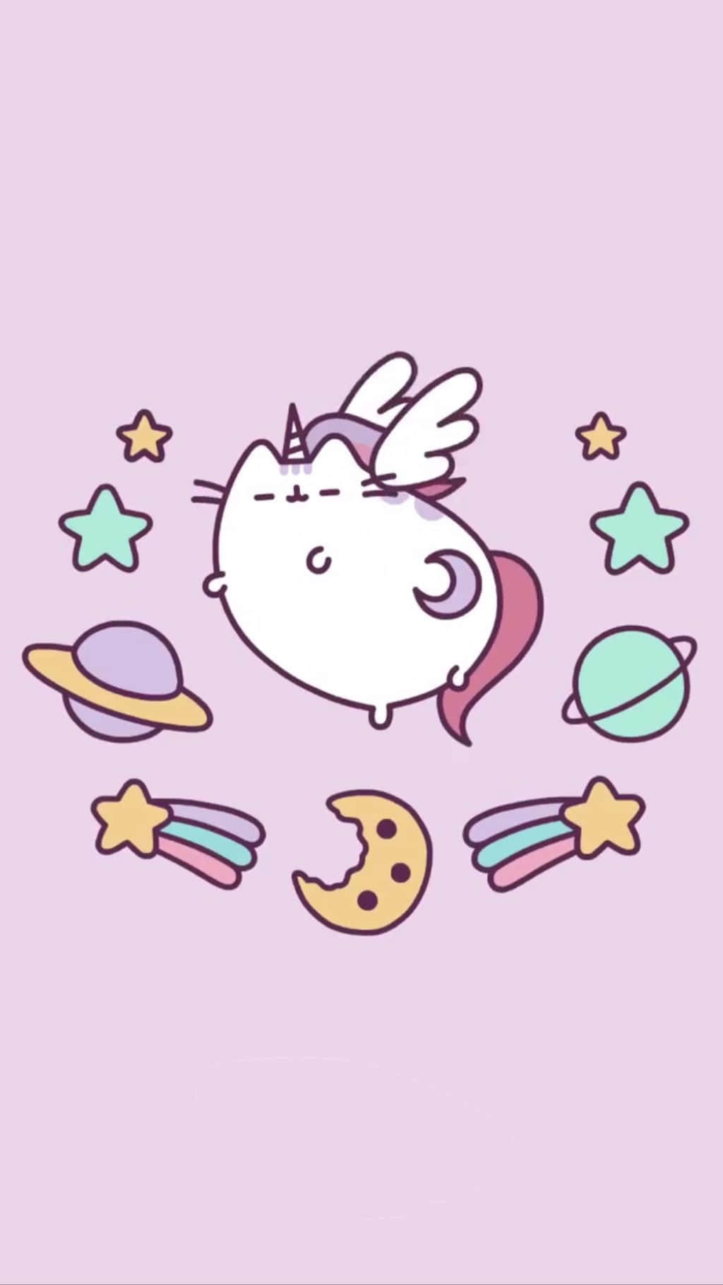 一隻長著翅膀和角的卡通貓，被星星、行星和餅乾包圍。 — Pusheen 動圖 壁紙