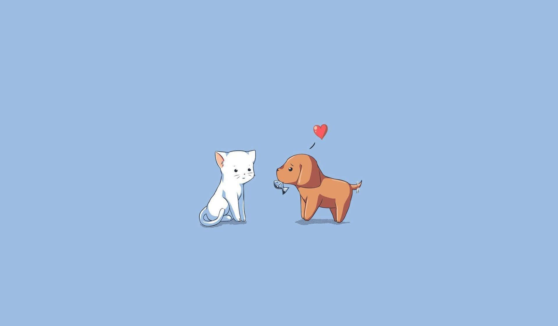 Cute Cartoon 桌布 壁紙 — 一隻可愛的白貓和棕色狗面對面，狗上方有一個紅色心形，背景是柔和的藍色。