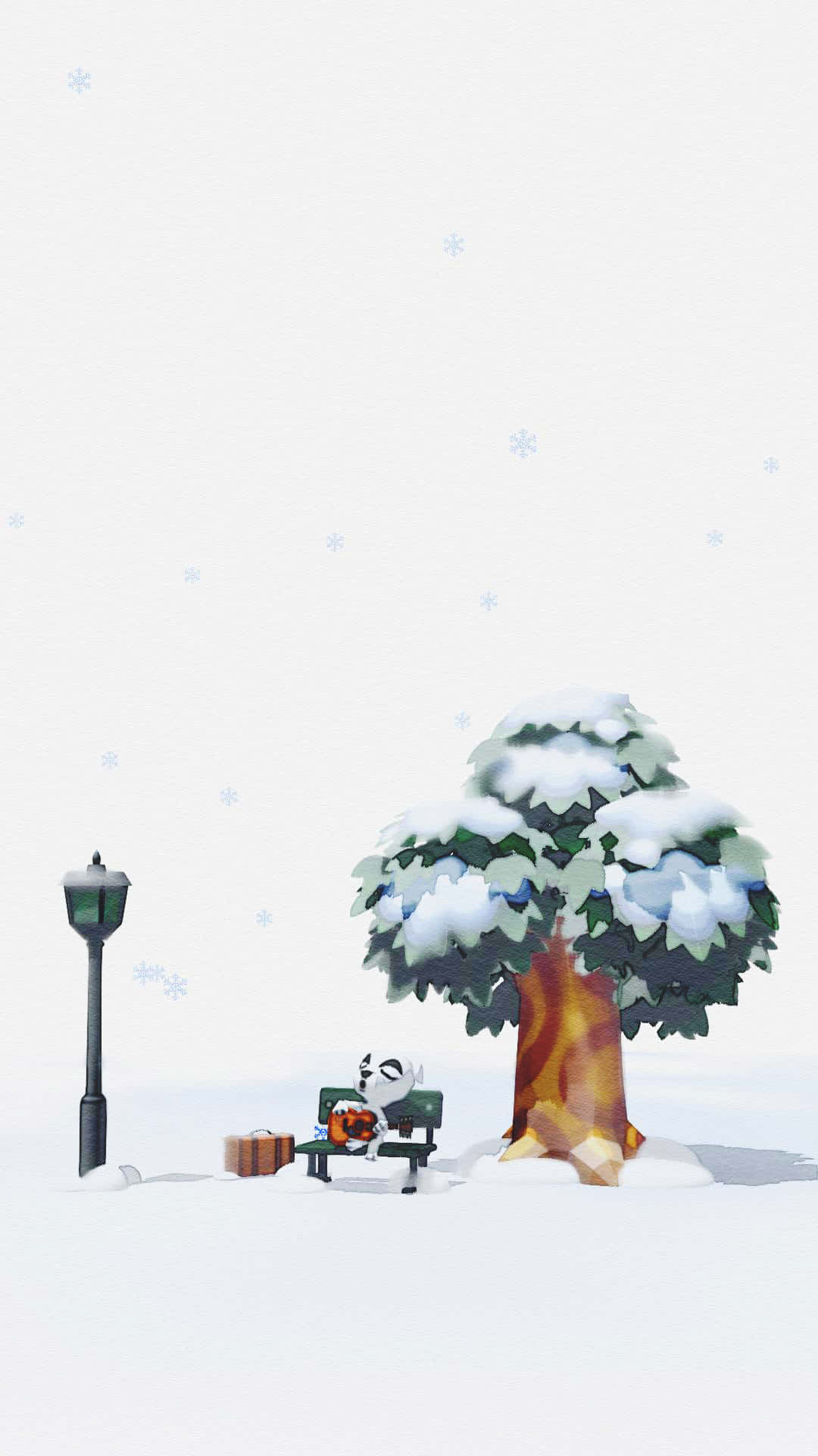 桌布 壁紙 — 一隻可愛的白貓坐在雪白的長椅上，旁邊是白雪覆蓋的樹，雪花飄落。