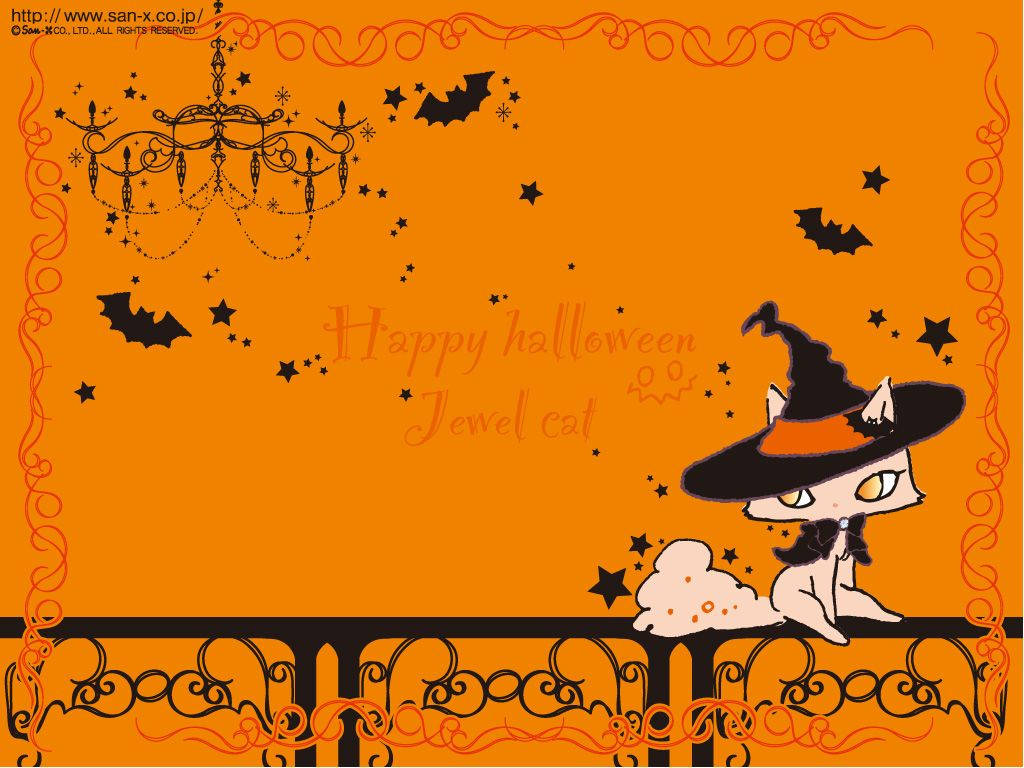Kawaii Halloween 桌布 壁紙 — 一隻可愛的白貓戴著巫婆帽，坐在陽台上，天空橙色，有蝙蝠、星星和吊燈。