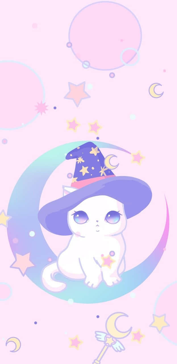 桌布 壁紙 — 一隻可愛的白貓戴著紫色女巫帽坐在新月上，周圍環繞著星星和粉彩泡泡。