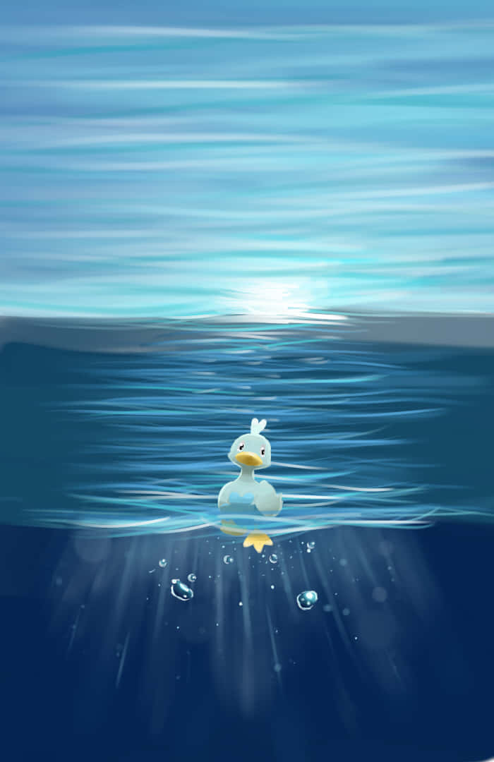 Pokémon 手機 桌布 壁紙 — 一隻可愛的白鴨靜靜地漂浮在水面上，陽光穿過深藍色的海洋照射下來。