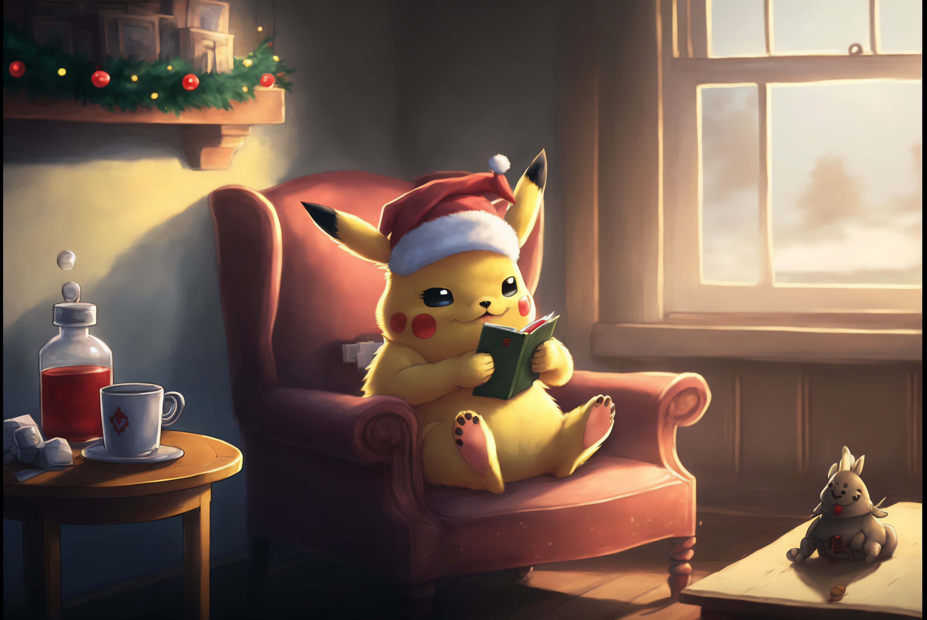 Christmas Hat 桌布 壁紙 — 一隻可愛的皮卡丘戴著聖誕帽，在窗邊舒適的扶手椅上讀書，窗外有節日花環和溫暖的陽光。