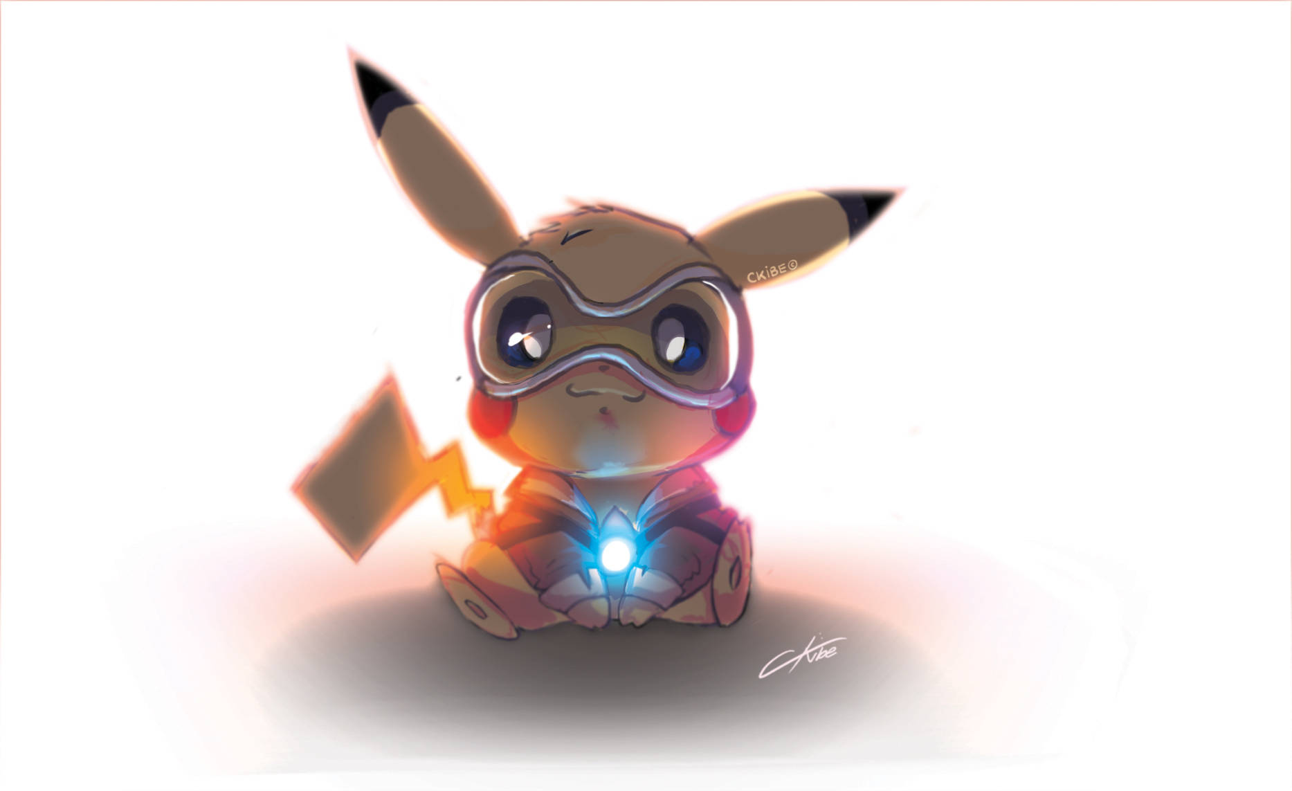 Cute Pikachu 桌布 壁紙 — 一隻可愛的皮卡丘穿著鋼鐵人套裝，在明亮的白色背景前發光坐著。