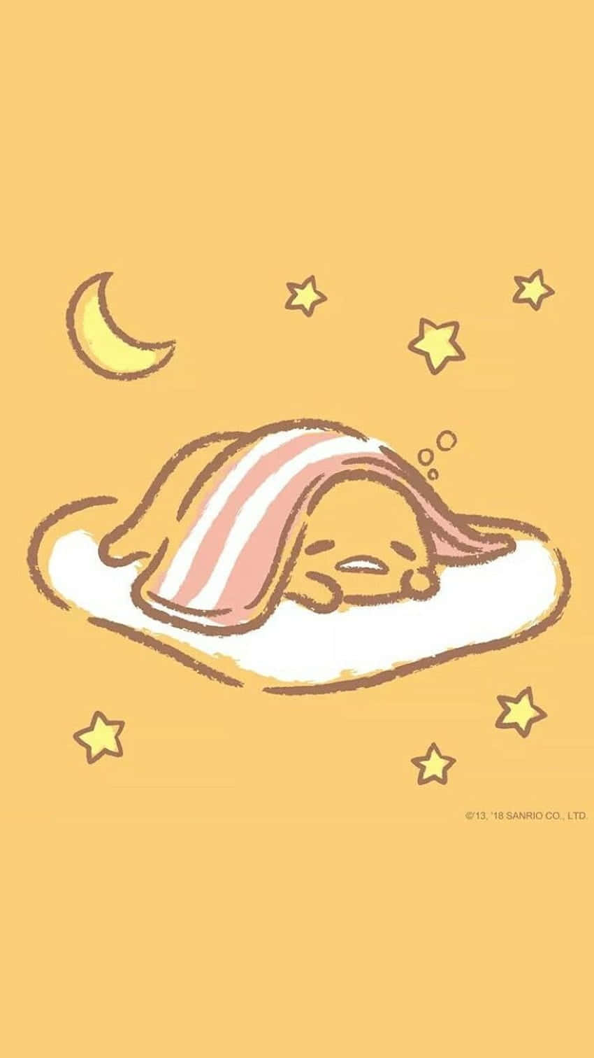 Gudetama Aesthetic 桌布 壁紙 — 一隻可愛的睡兔在粉紅色條紋毯子裡，下方有新月和星星，背景是溫暖的黃色。