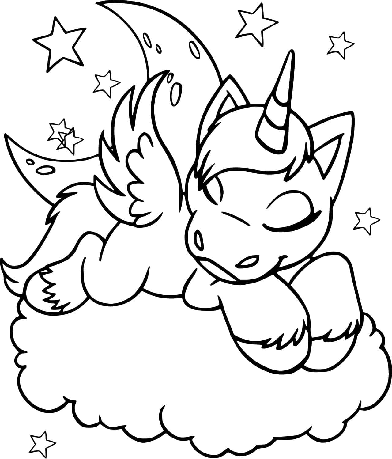 獨角獸 桌布 壁紙 — 一隻可愛的睡夢中帶翅膀的獨角獸在彎月和星星下的雲朵上休息。