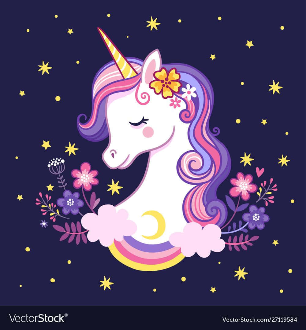 獨角獸 桌布 壁紙 — 一隻可愛的睡夢中獨角獸，擁有彩虹鬃毛和花冠，在星空夜空的襯托下，躺在彎月上休息。