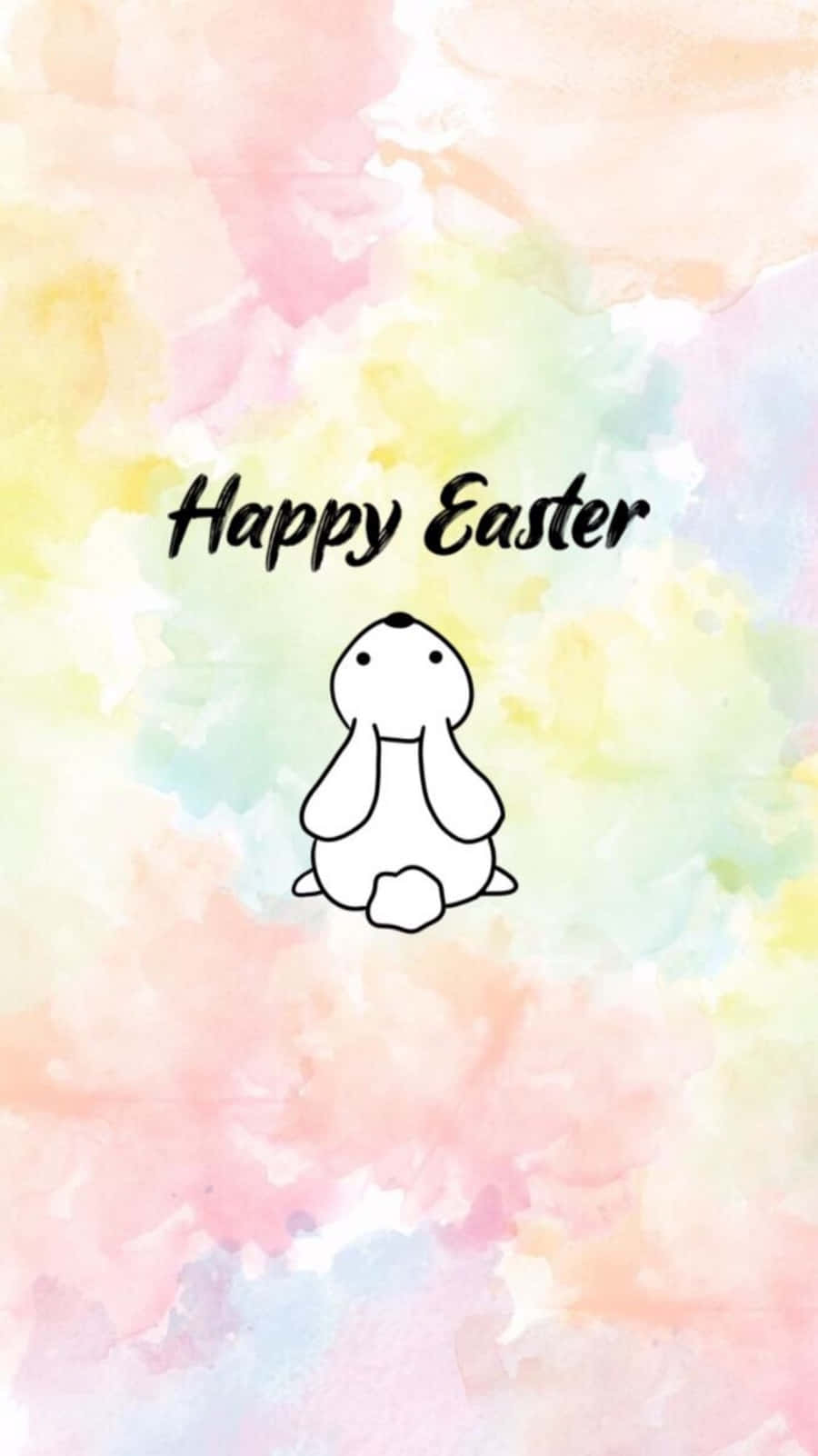 Happy Easter 桌布 壁紙 — 一隻可愛的簡約兔子坐在柔和的粉彩水彩背景中央，帶有 'Happy Easter' 文字。