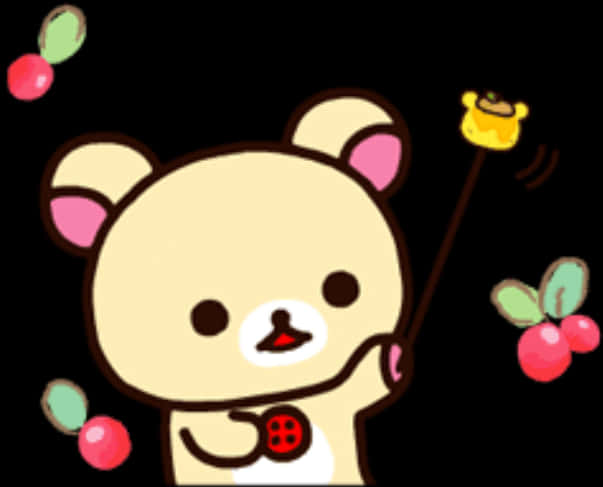 懶懶熊 桌布 壁紙 — 一隻可愛的米色小熊，粉紅色耳朵，拿著魔杖，在黑色背景上施放出色彩繽紛的漂浮漿果。