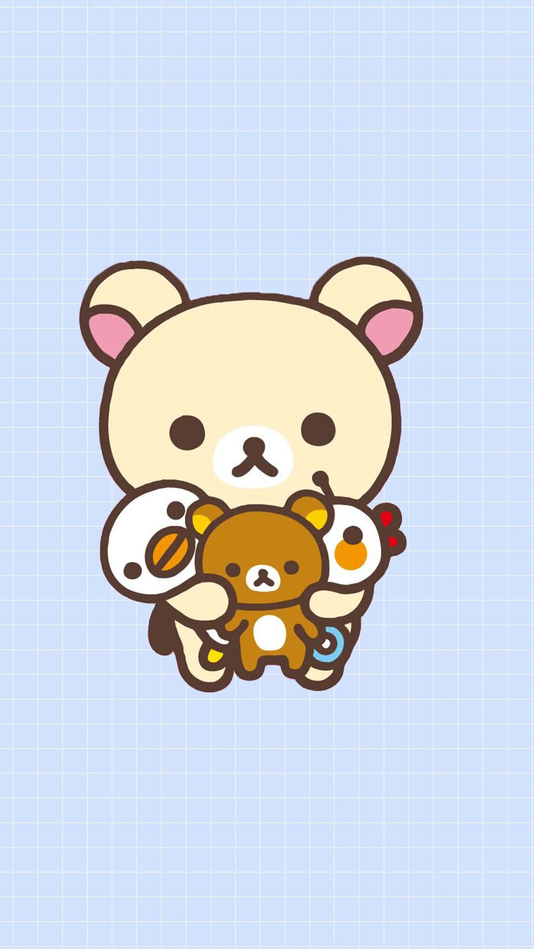 Cute Kawaii 桌布 壁紙 — 一隻可愛的米色熊在淺藍色網格背景上擁抱一隻較小的棕色熊和兩個圓臉角色。
