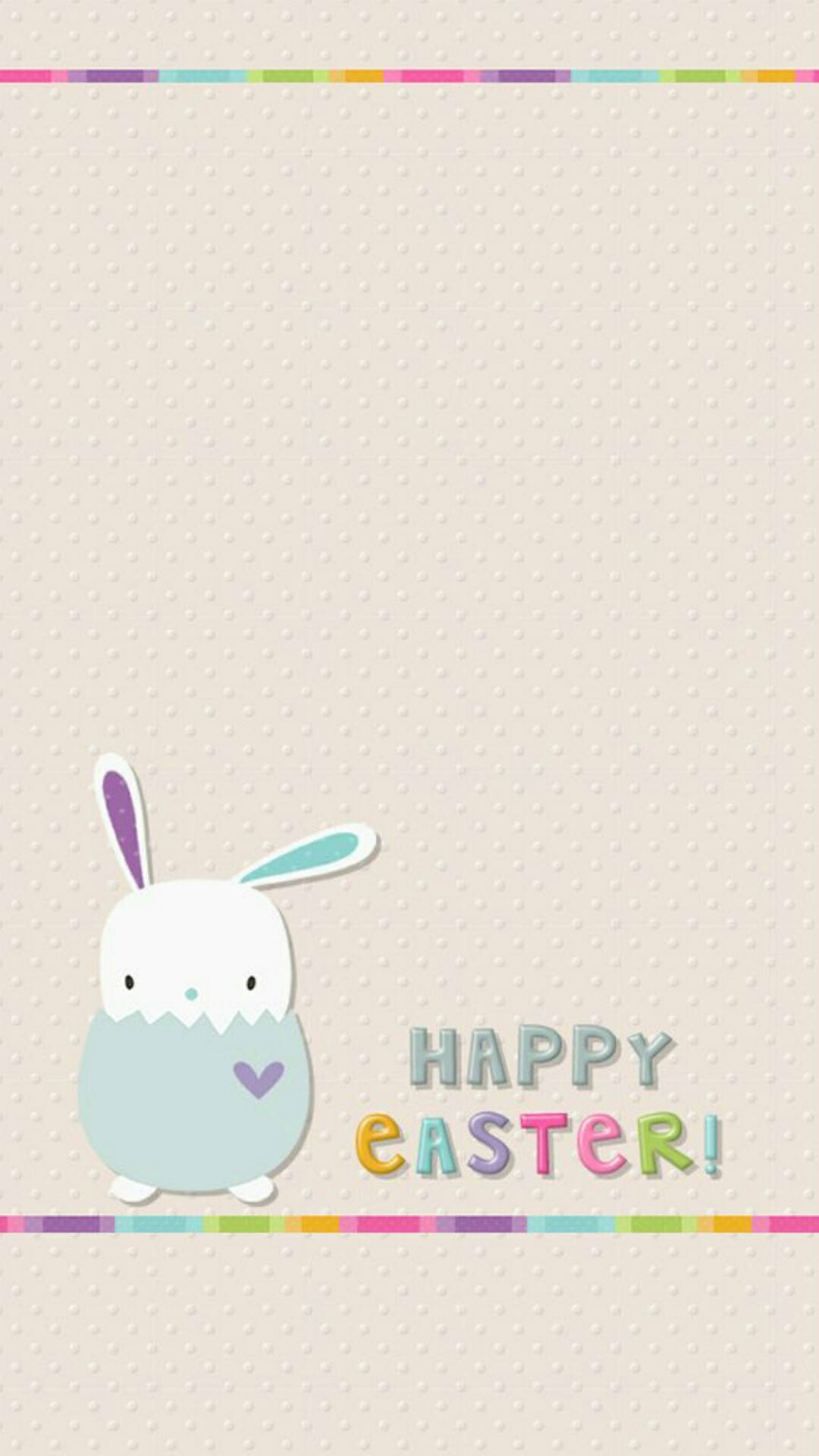 Easter iPhone 桌布 壁紙 — 一隻可愛的粉彩兔子從蛋中探出頭來，背景是圓點圖案，上面有『HAPPY EASTER!』字樣。