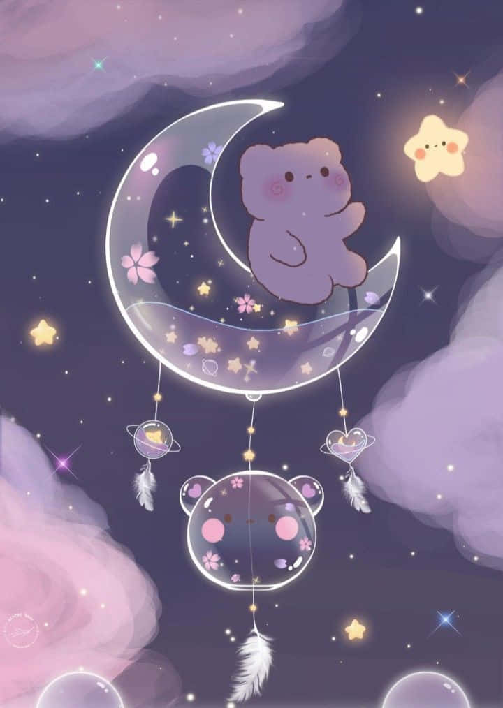 Kawaii Japanese 桌布 壁紙 — 一隻可愛的粉彩熊坐在發光的彎月上，周圍環繞著星星和漂浮的泡泡，在夢幻的夜空中。