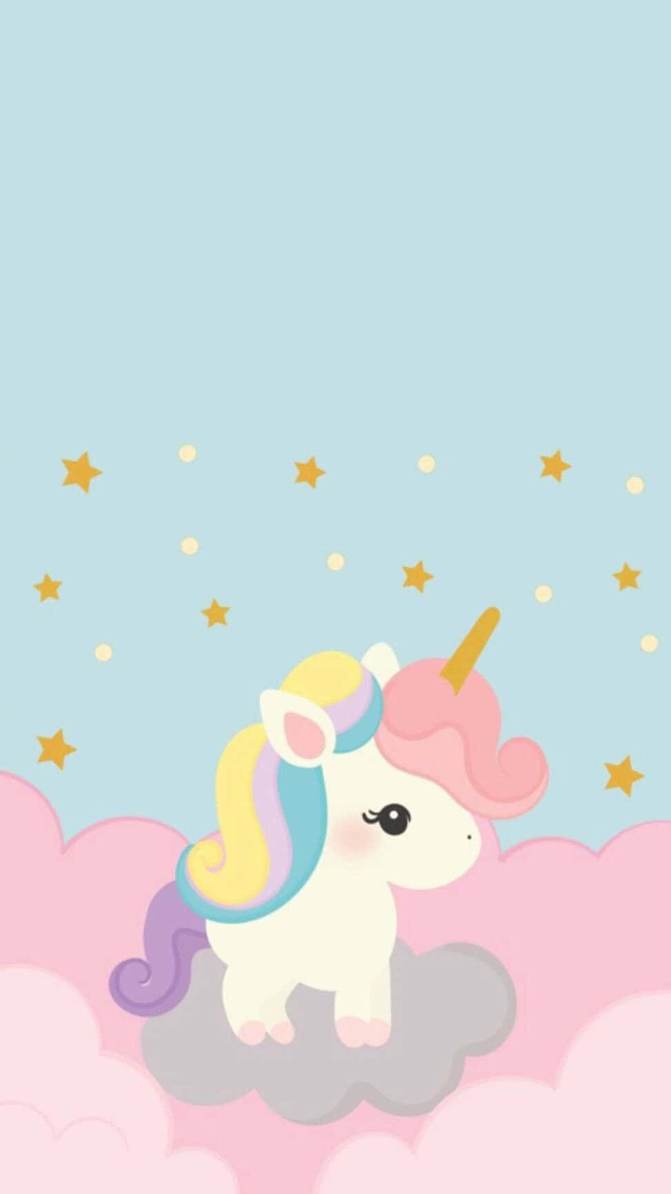 Pastel Unicorn 桌布 壁紙 — 一隻可愛的粉彩獨角獸，擁有彩虹鬃毛，坐在星空下柔軟的雲朵上。