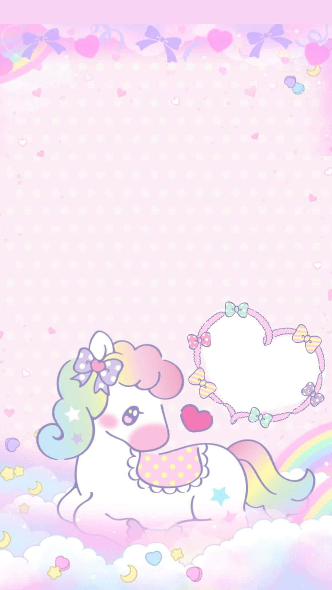 Pastel Unicorn 桌布 壁紙 — 一隻可愛的粉彩獨角獸，有彩虹鬃毛和蝴蝶結，坐在 fluffy 雲朵上，周圍有心形和蝴蝶結。