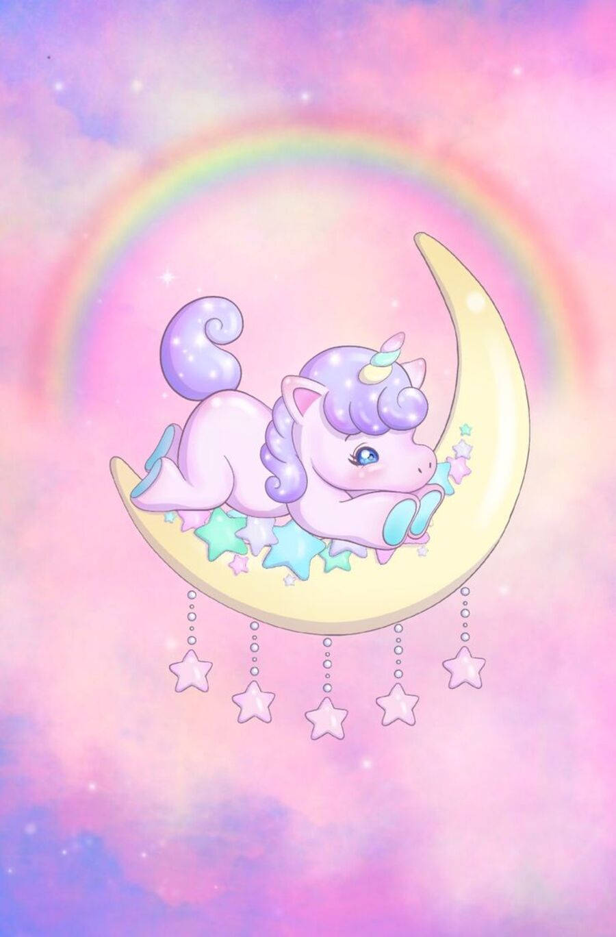 一隻睡著的獨角獸在帶有彩虹和星星的彎月上休息。 — 彩虹獨角獸 壁紙