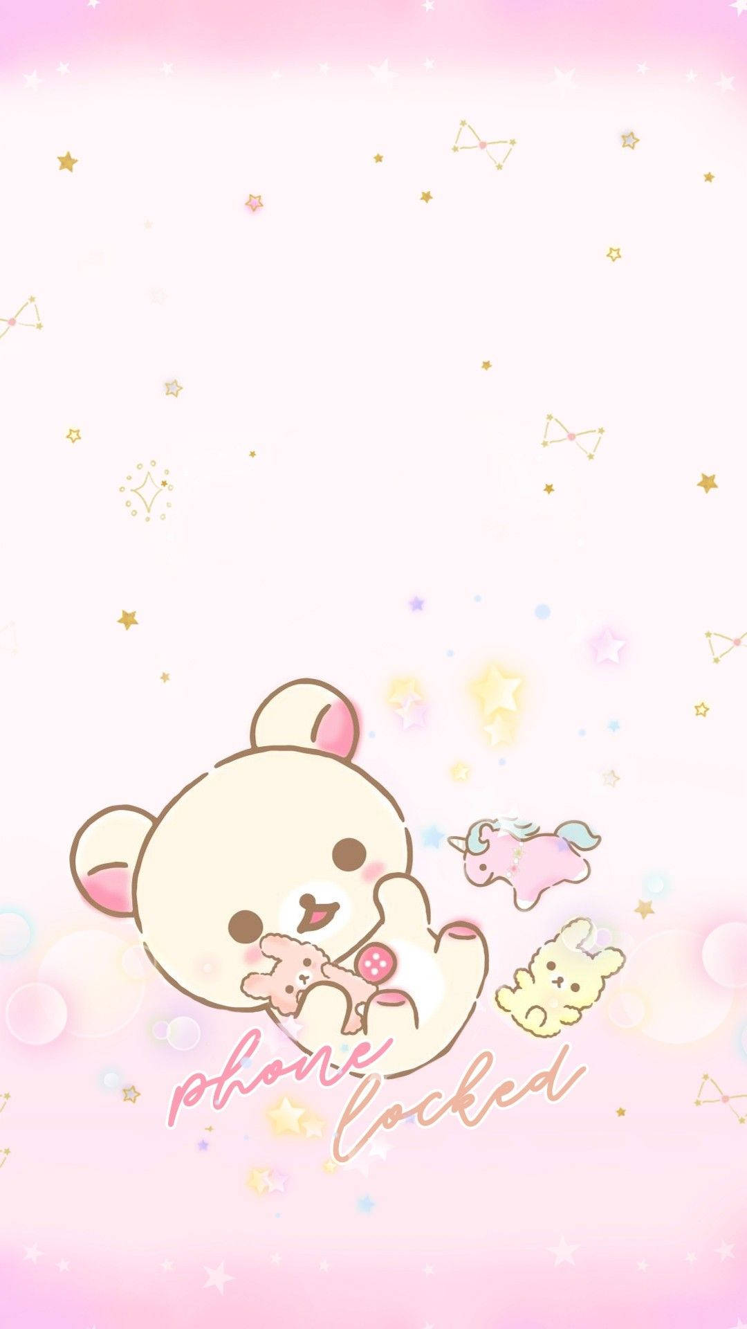 Screen 桌布 壁紙 — 一隻可愛的粉彩粉紅色熊抱著毛絨玩具，周圍漂浮著獨角獸和星星，背景為漸變色。