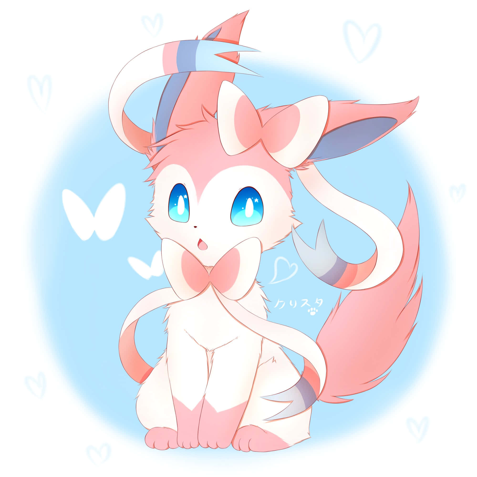 Cute Sylveon 桌布 壁紙 — 一隻可愛的粉白相間動漫風格的仙子伊布，藍色眼睛，坐在柔和的藍色背景上，周圍漂浮著愛心和蝴蝶。