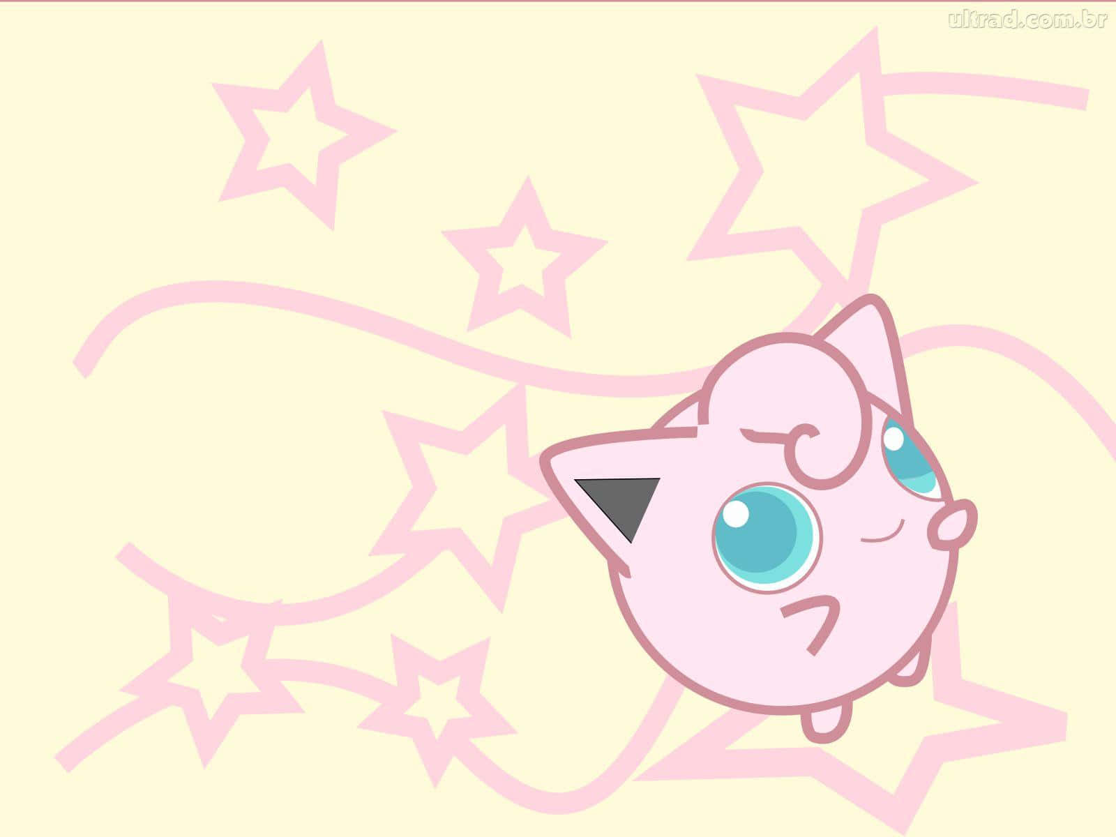 Jigglypuff 桌布 壁紙 — 一隻可愛的粉紅色Jigglypuff，有著大大的藍色眼睛，在柔和的黃色背景上，伴隨著漂浮的粉紅色星星，溫柔地微笑。