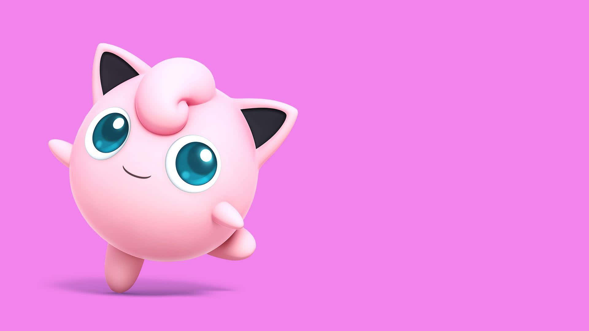Jigglypuff 桌布 壁紙 — 一隻可愛的粉紅色Jigglypuff，有大大的藍色眼睛和黑色耳尖，在純粉紅色背景上頑皮地漂浮。