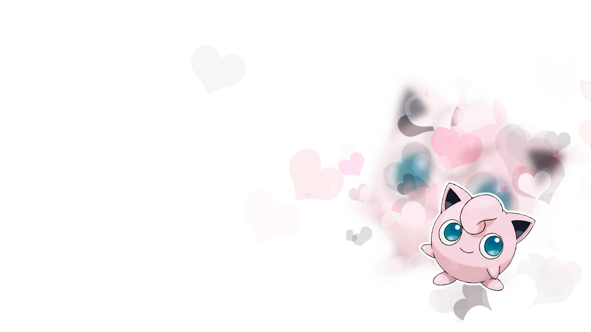Jigglypuff 桌布 壁紙 — 一隻可愛的粉紅色Jigglypuff，有著大大的藍色眼睛，在柔和的粉紅色和灰色愛心之間輕輕漂浮，背景是潔淨的白色。