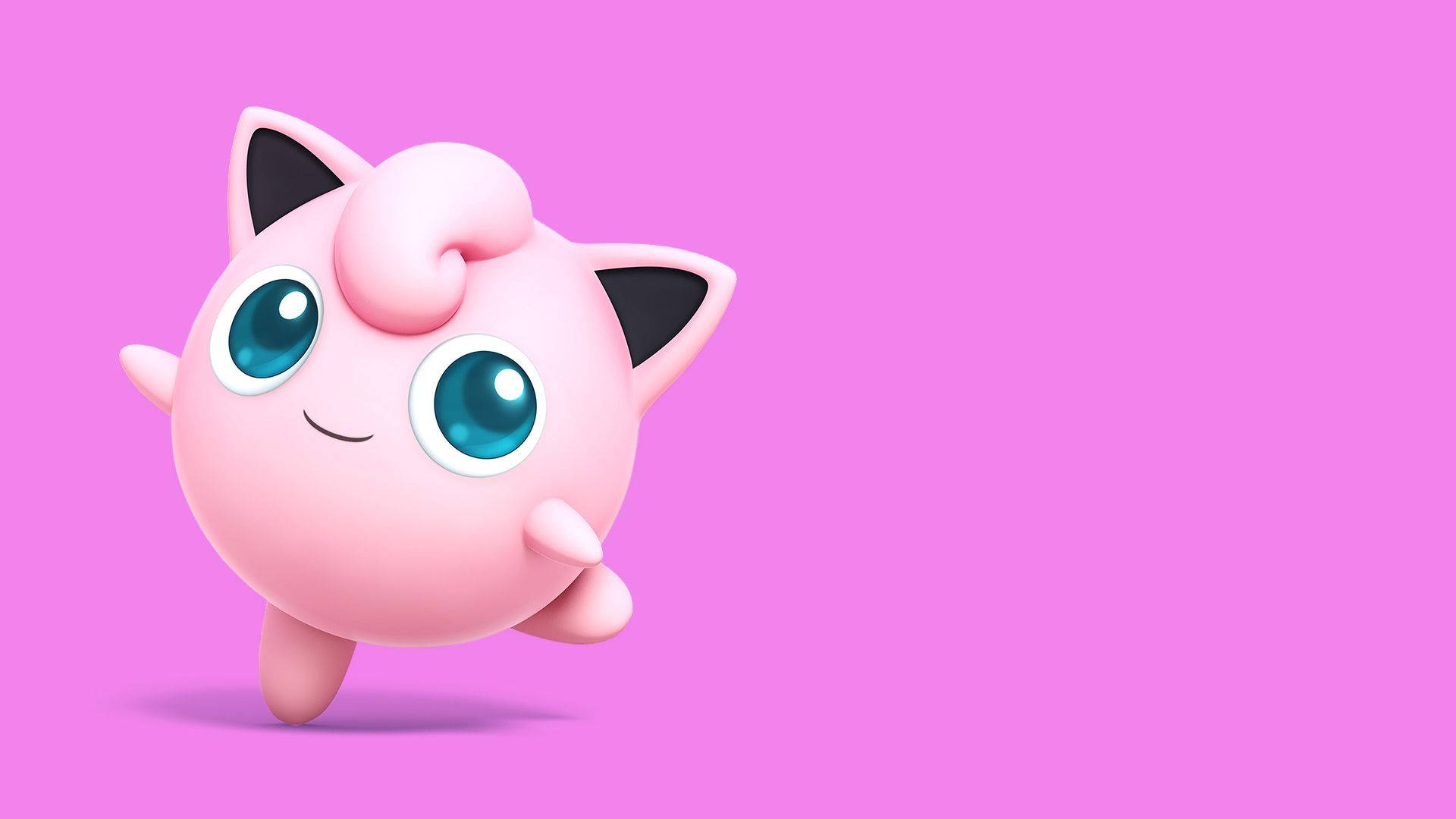 Jigglypuff 桌布 壁紙 — 一隻可愛的粉紅色Jigglypuff，有著大大的藍色眼睛，在純粉紅色背景上頑皮地微笑。