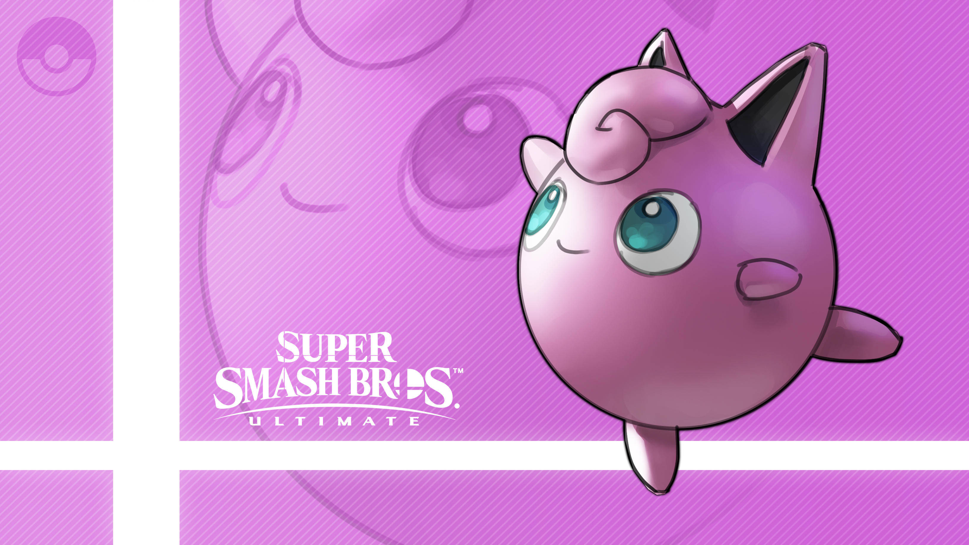 Jigglypuff 桌布 壁紙 — 一隻可愛的粉紅色Jigglypuff，有著大大的藍色眼睛，漂浮在帶有Super Smash Bros Ultimate標誌的鮮豔紫色背景上。