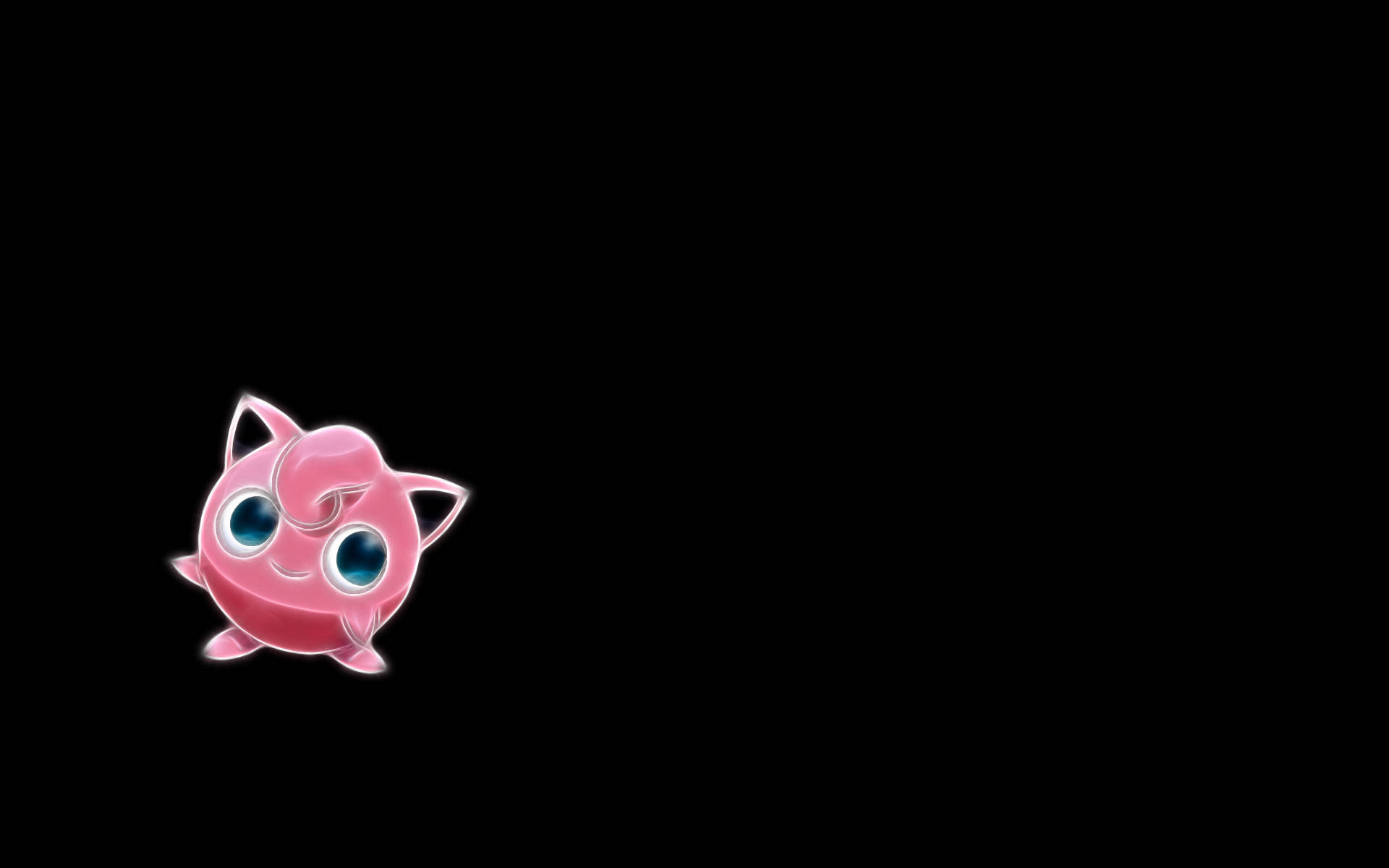 Jigglypuff 桌布 壁紙 — 一隻可愛的粉紅色Jigglypuff，發著藍光的眼睛，獨自漂浮在純黑色背景上。