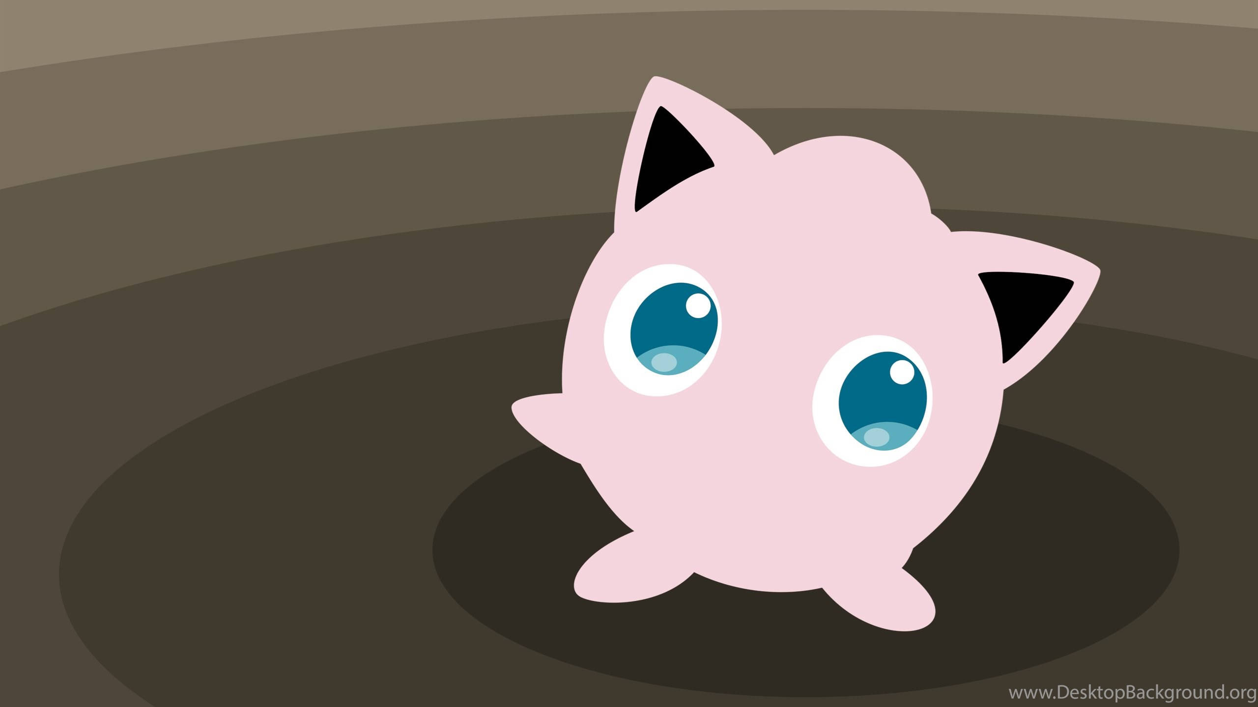 Jigglypuff 桌布 壁紙 — 一隻可愛的粉紅色Jigglypuff，有著大大的藍色眼睛，坐在漸變棕色背景的中央。