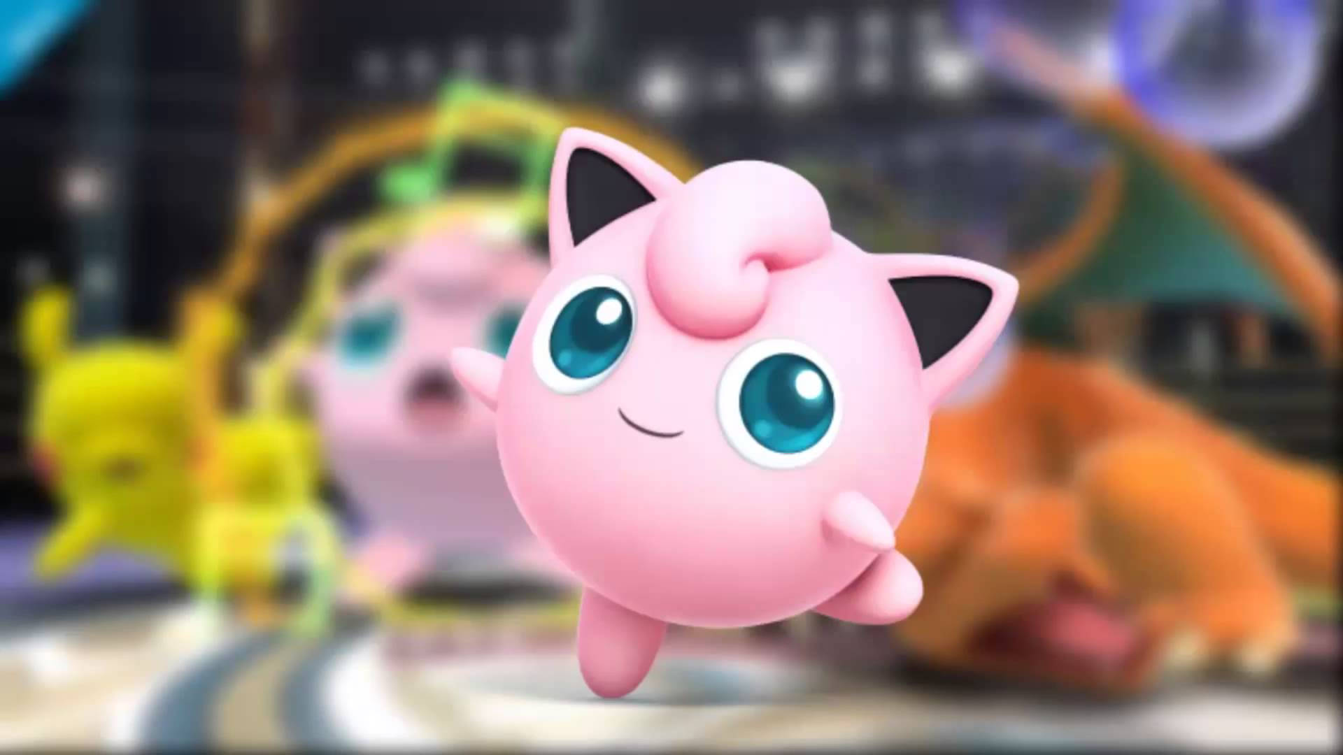 Jigglypuff 桌布 壁紙 — 一隻可愛的粉紅色Jigglypuff，有著大大的藍色眼睛，在一個充滿活力的3D渲染遊戲場景中向前漂浮，其他寶可夢在後面模糊不清。