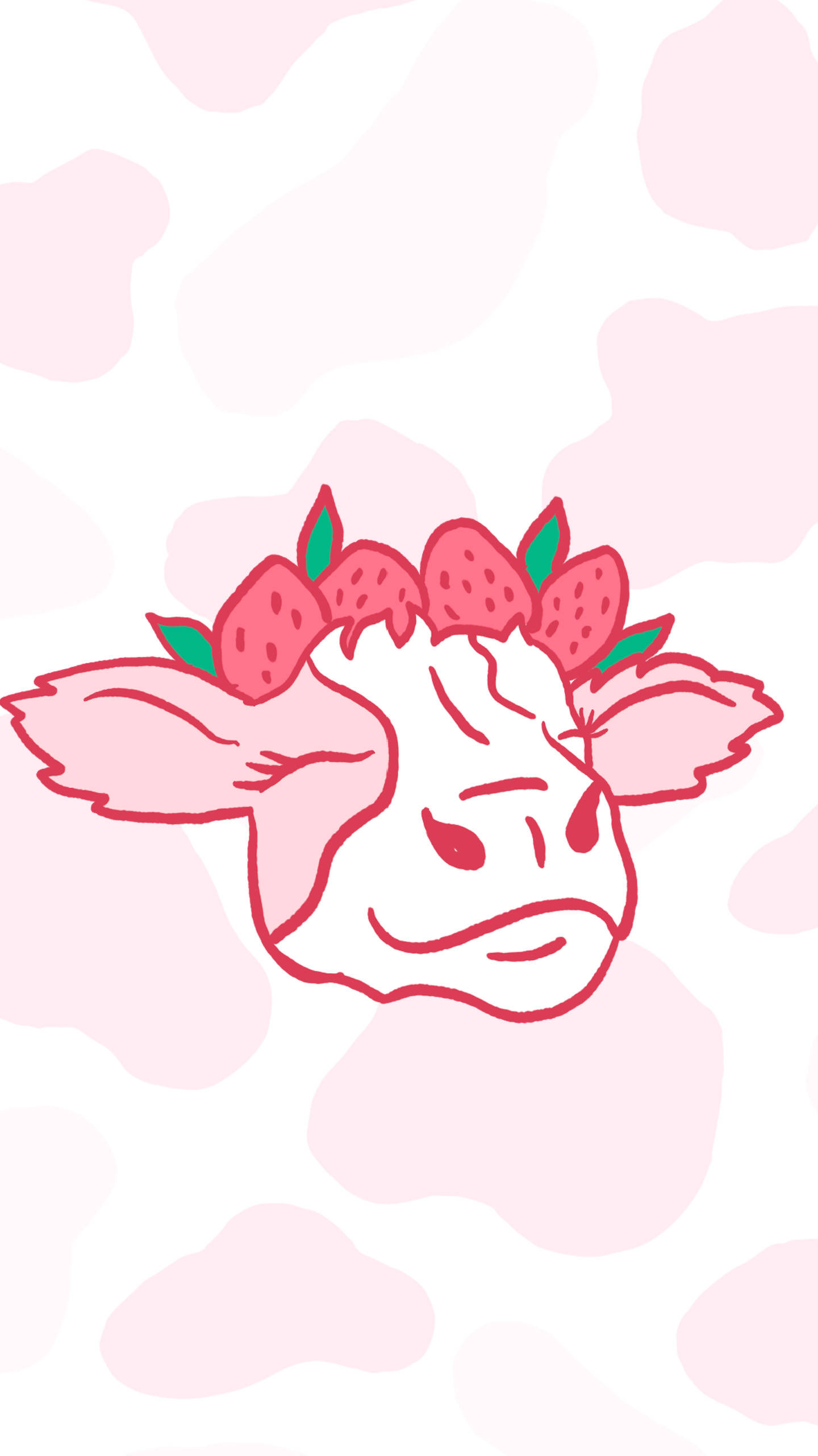 Strawberry Cow 桌布 壁紙 — 一隻可愛的粉紅色乳牛，擁有草莓頭髮，坐在柔和的粉紅色和白色乳牛紋背景前。