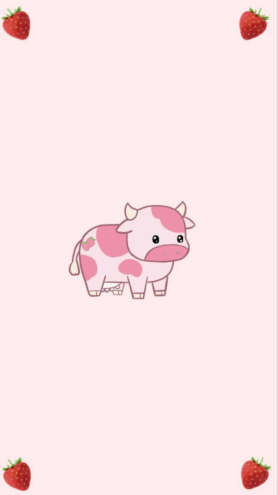 Kawaii Cute Cow 桌布 壁紙 — 一隻可愛的粉紅色乳牛帶有草莓斑點，站在柔和的粉紅色背景中央，四周環繞著四顆草莓。