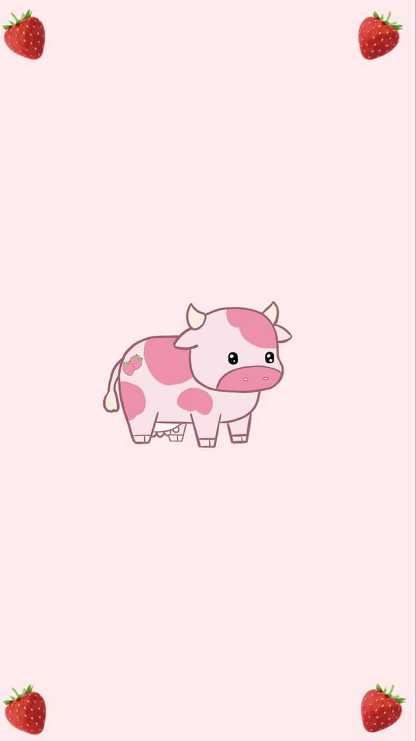 Strawberry Cow 桌布 壁紙 — 一隻可愛的粉紅色乳牛帶有草莓斑點，站在柔和的粉紅色背景中央，由四顆草莓圍繞。