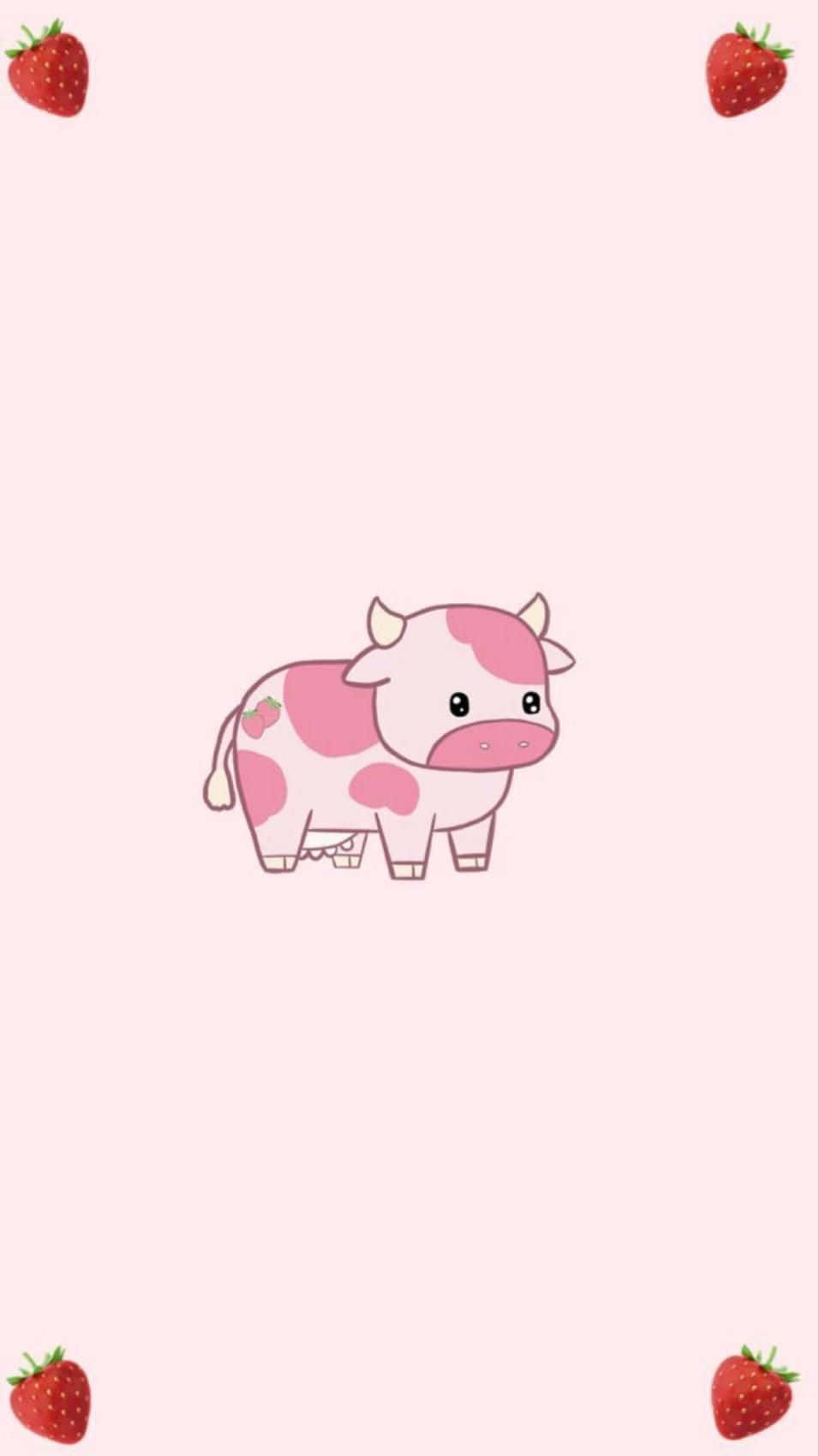 Aesthetic Cow 桌布 壁紙 — 一隻可愛的粉紅色乳牛帶有草莓斑點，站在淺粉紅色背景中央，四周圍繞著四顆草莓。