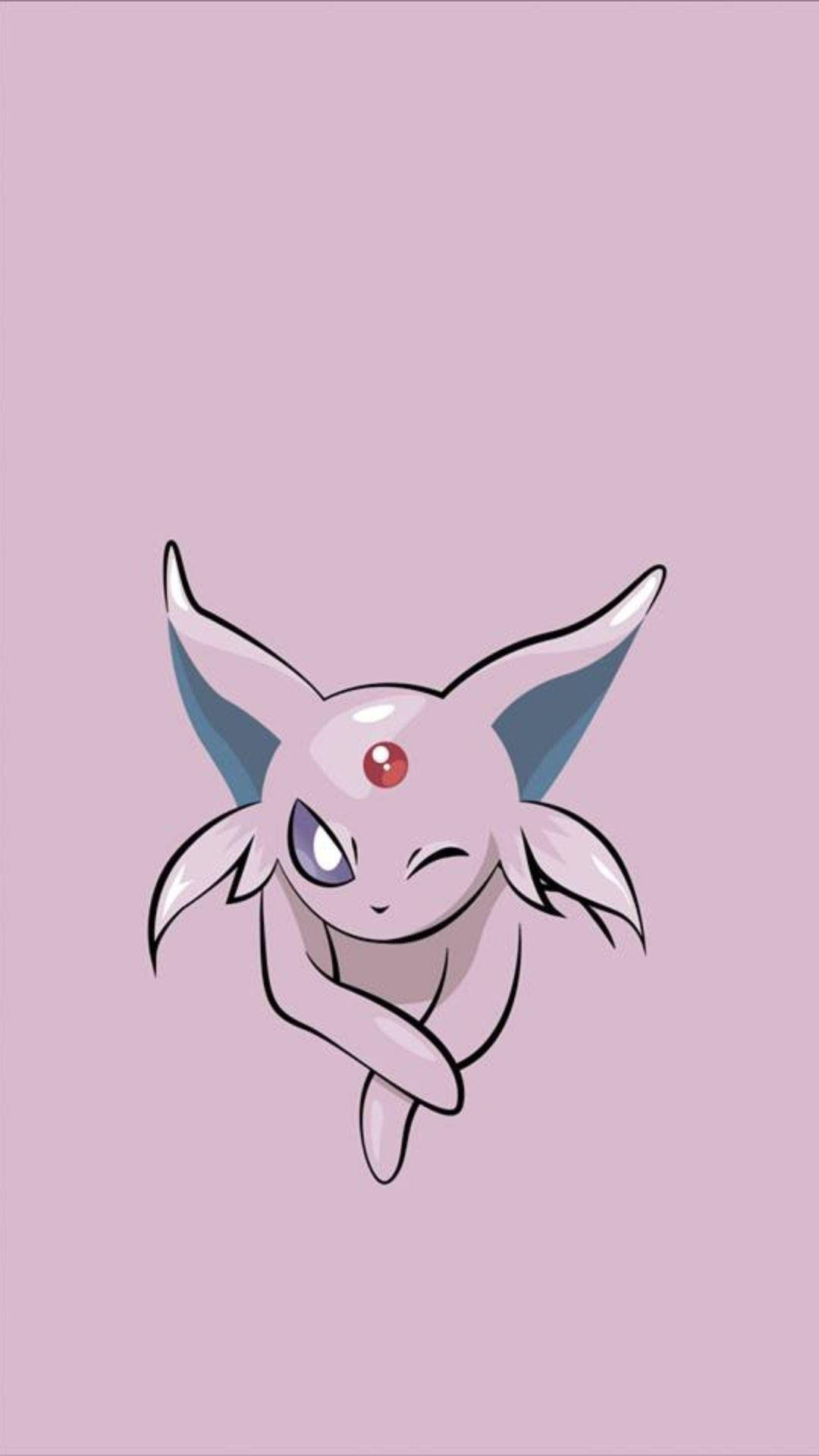 espeon 桌布 壁紙 — 一隻可愛的粉紅色伊布，閉上一隻眼睛，額頭上有紅色寶石，漂浮在柔和的薰衣草背景上。