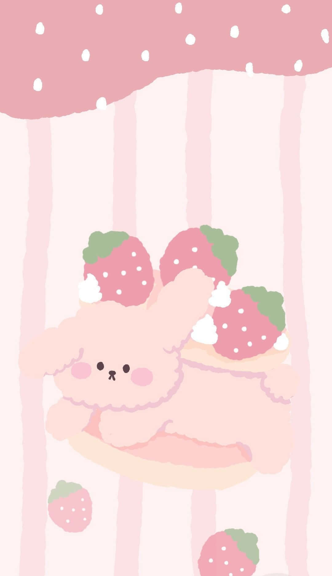 Aesthetic Pink Kawaii 桌布 壁紙 — 一隻可愛的粉紅色兔子，有著草莓耳朵，坐在草莓主題的鞦韆上，上方是粉紅色圓點遮篷。
