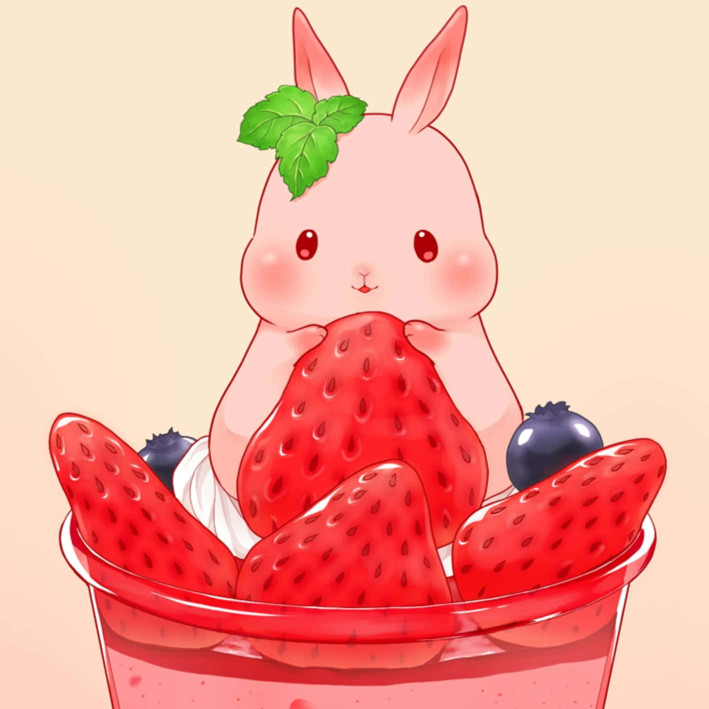 Kawaii Bunny 桌布 壁紙 — 一隻可愛的粉紅色兔子，耳朵像薄荷葉，開心地坐在一杯草莓奶昔杯中，周圍是新鮮的莓果。
