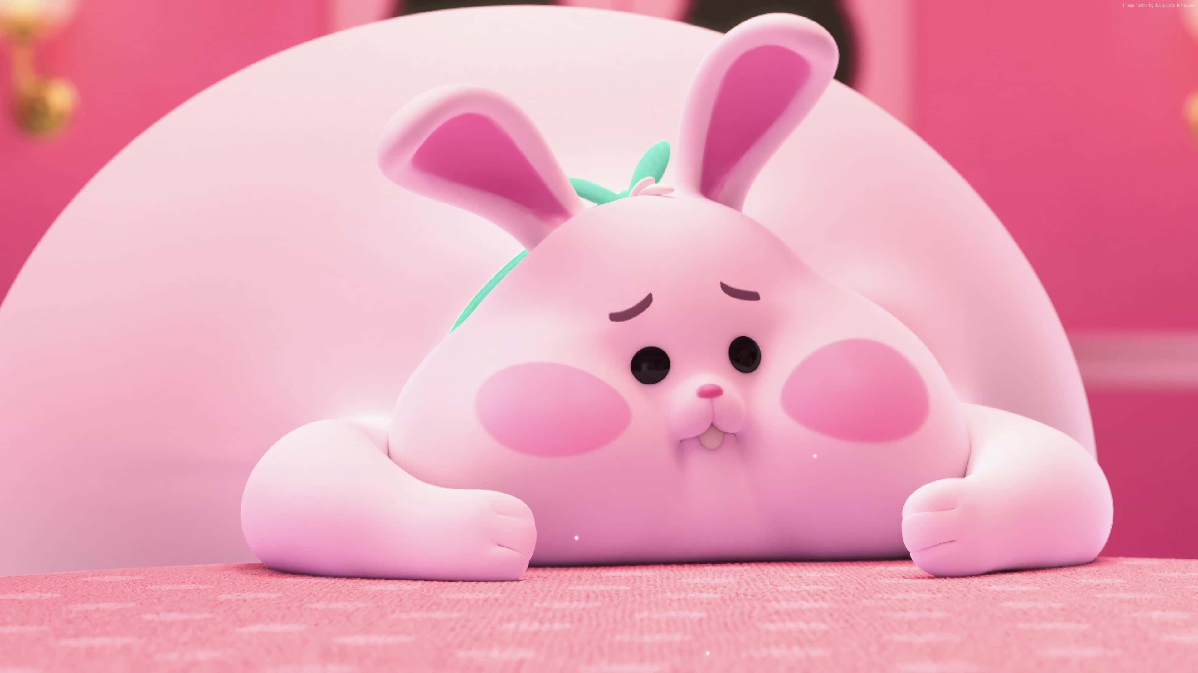 Animated 桌布 壁紙 — 一隻可愛的粉紅色兔子，臉頰紅潤，繫著綠色蝴蝶結，下巴擱在爪子上，背景是柔和的粉紅色。