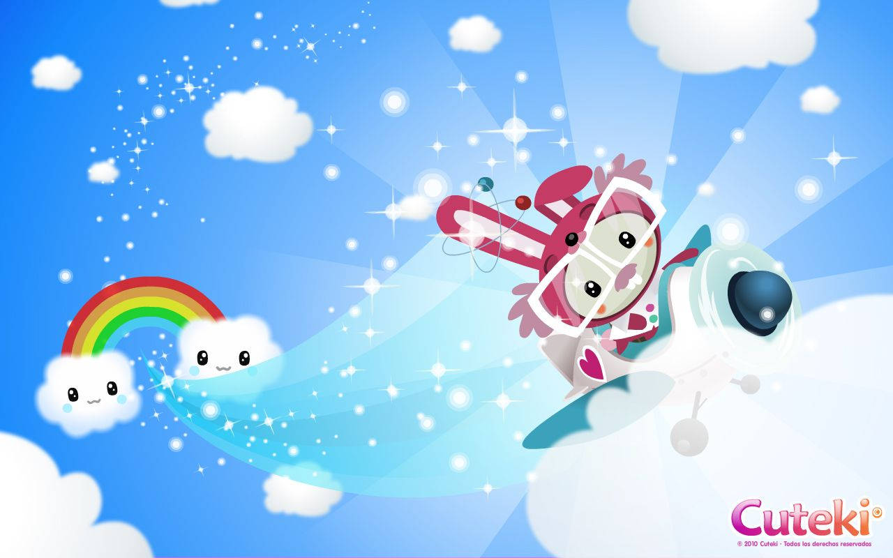 可愛 桌布 壁紙 — 一隻可愛的粉紅色兔子乘坐火箭飛過微笑的雲朵和彩虹，在閃爍的藍天下。