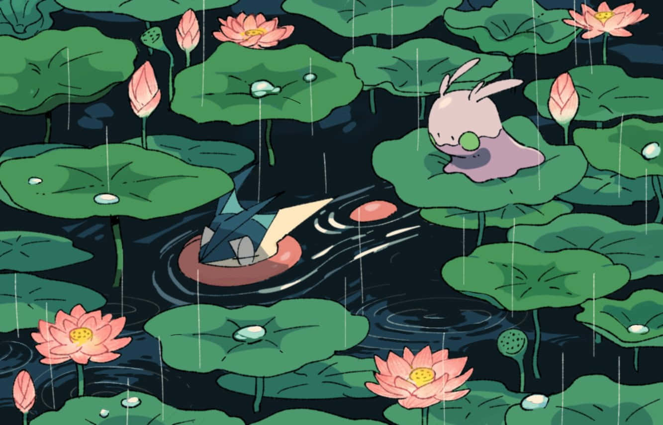 寶可夢 桌布 壁紙 — 一隻可愛的粉紅色兔子坐在雨中的池塘荷葉上，周圍有綠葉和粉紅色睡蓮。