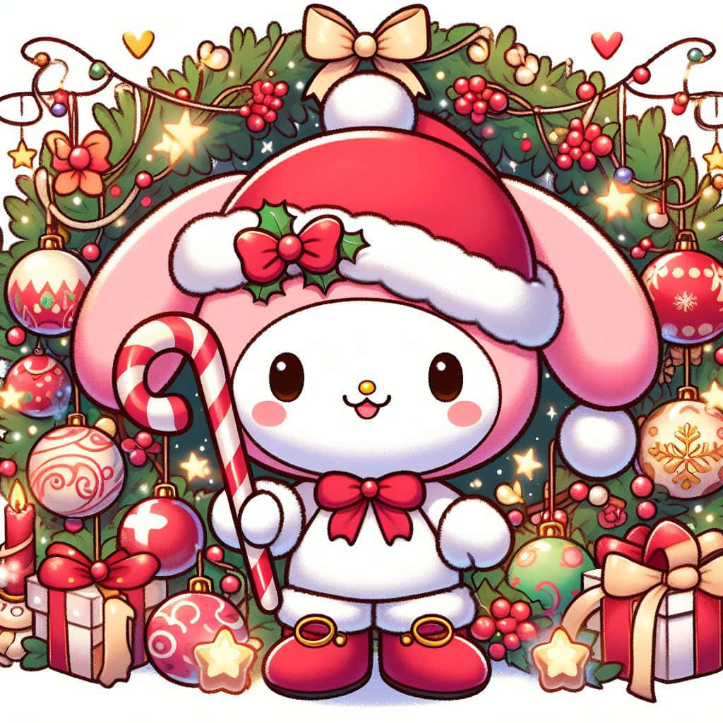  壁紙 — 一隻可愛的粉紅色兔子戴著紅色聖誕帽，拿著一根拐杖糖，周圍環繞著節日裝飾品和禮物。