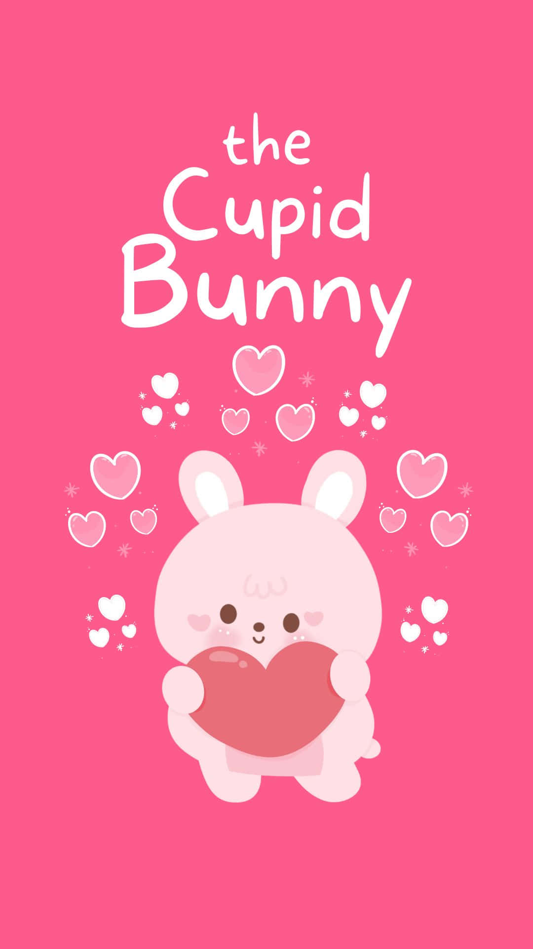 Pink Bunny 桌布 壁紙 — 一隻可愛的粉紅色兔子拿著一個紅心，周圍漂浮著心形，背景是鮮豔的粉紅色。