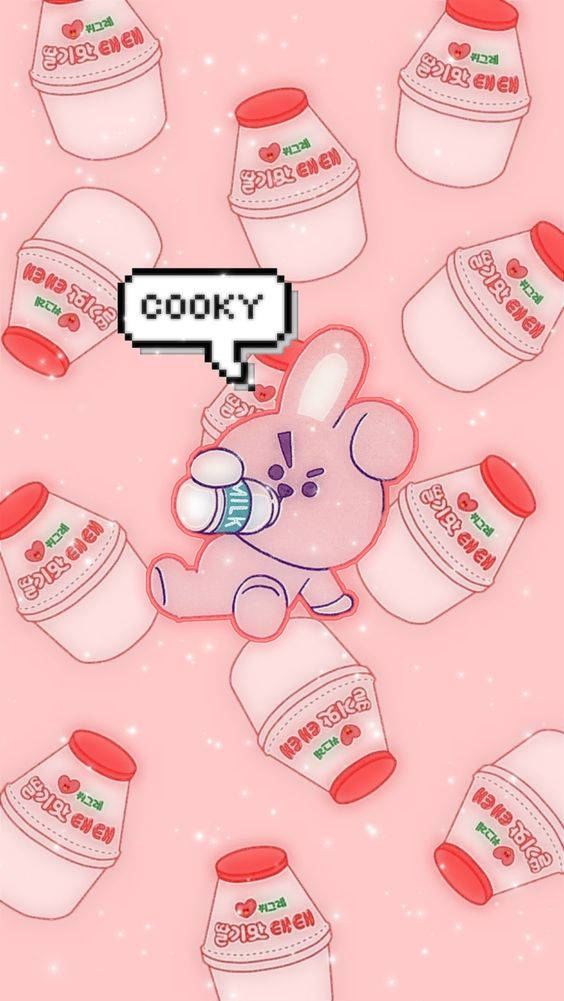 Strawberry Milk 桌布 壁紙 — 一隻可愛的粉紅色兔子拿著飲料瓶，周圍漂浮著優格杯，背景閃閃發光。