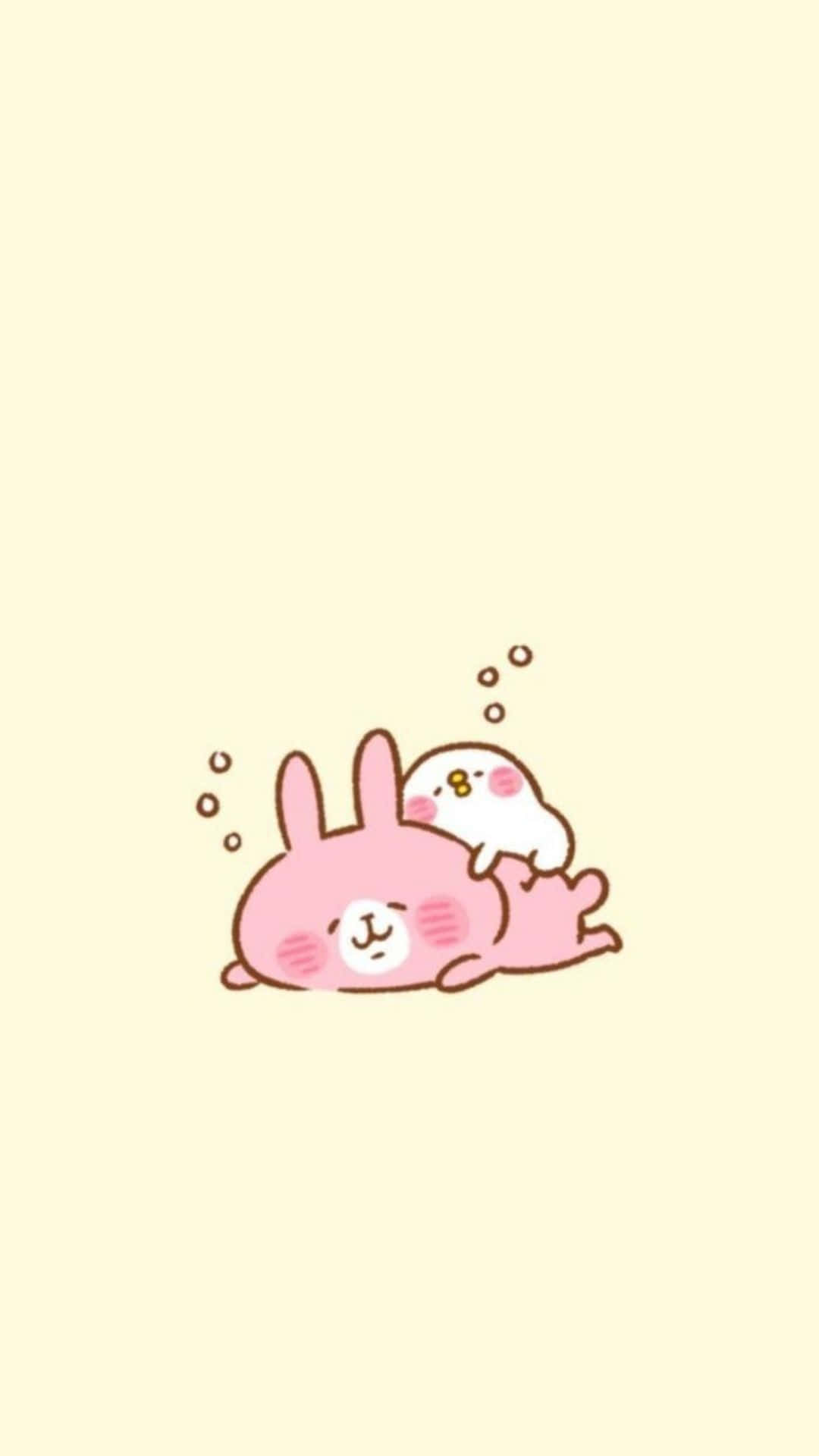 Kawaii Characters 桌布 壁紙 — 一隻可愛的粉紅色兔子正在睡覺，一隻白色小鳥棲息在牠的背上，周圍有漂浮的泡泡。