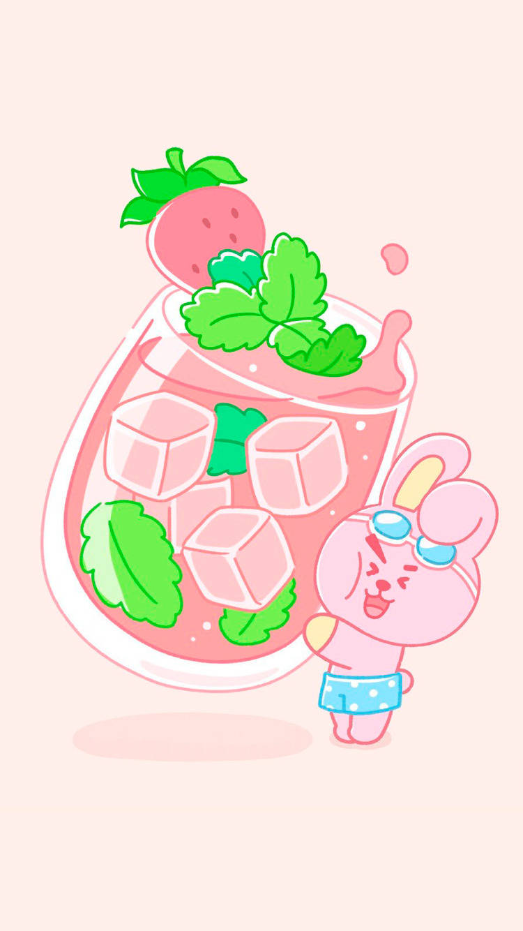 Cooky Bt21 桌布 壁紙 — 一隻可愛的粉紅色兔子穿著泳褲和泳鏡，高興地拿著一杯巨大的粉紅色草莓薄荷冰飲。