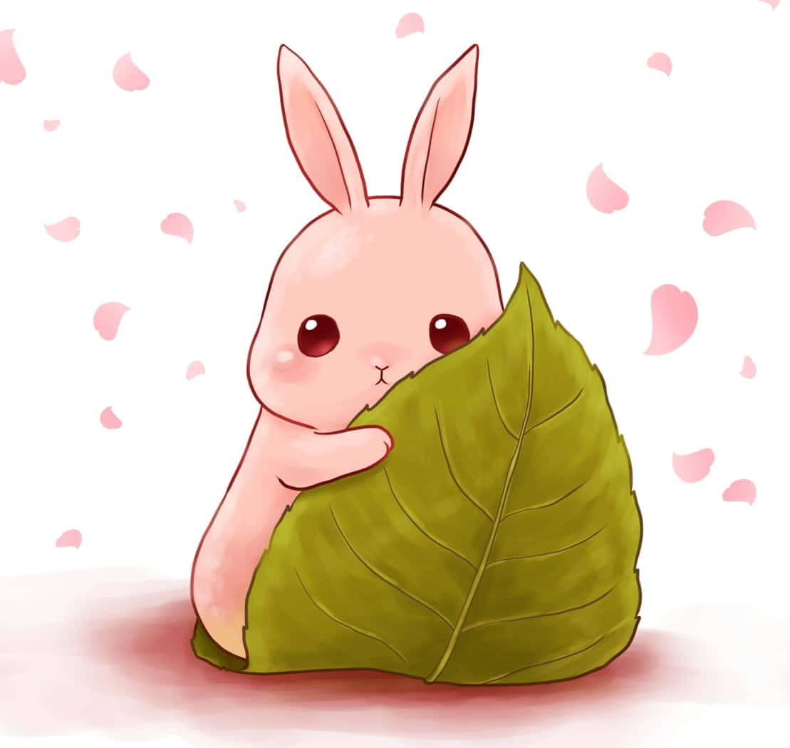 Kawaii Bunny 桌布 壁紙 — 一隻可愛的粉紅色兔子緊抓著一片大綠葉，柔軟的粉紅色花瓣在白色背景上飄落。